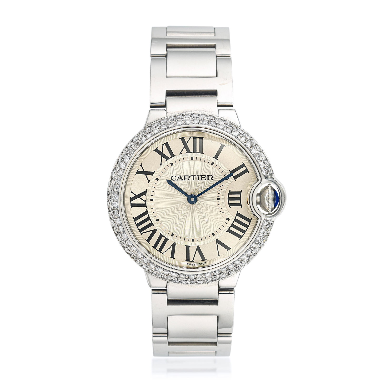 Cartier Ballon Bleu in Stainless Steel: CIRCA: 2011 SERIAL NUMBER: 565664QX REF: 3005 CASE MATERIAL: Stainless steel with round-cut diamonds (aftermarket) CASE DIMENSIONS: 36 mm in diameter DIAL: Opaline silver with guilloche in center, pri