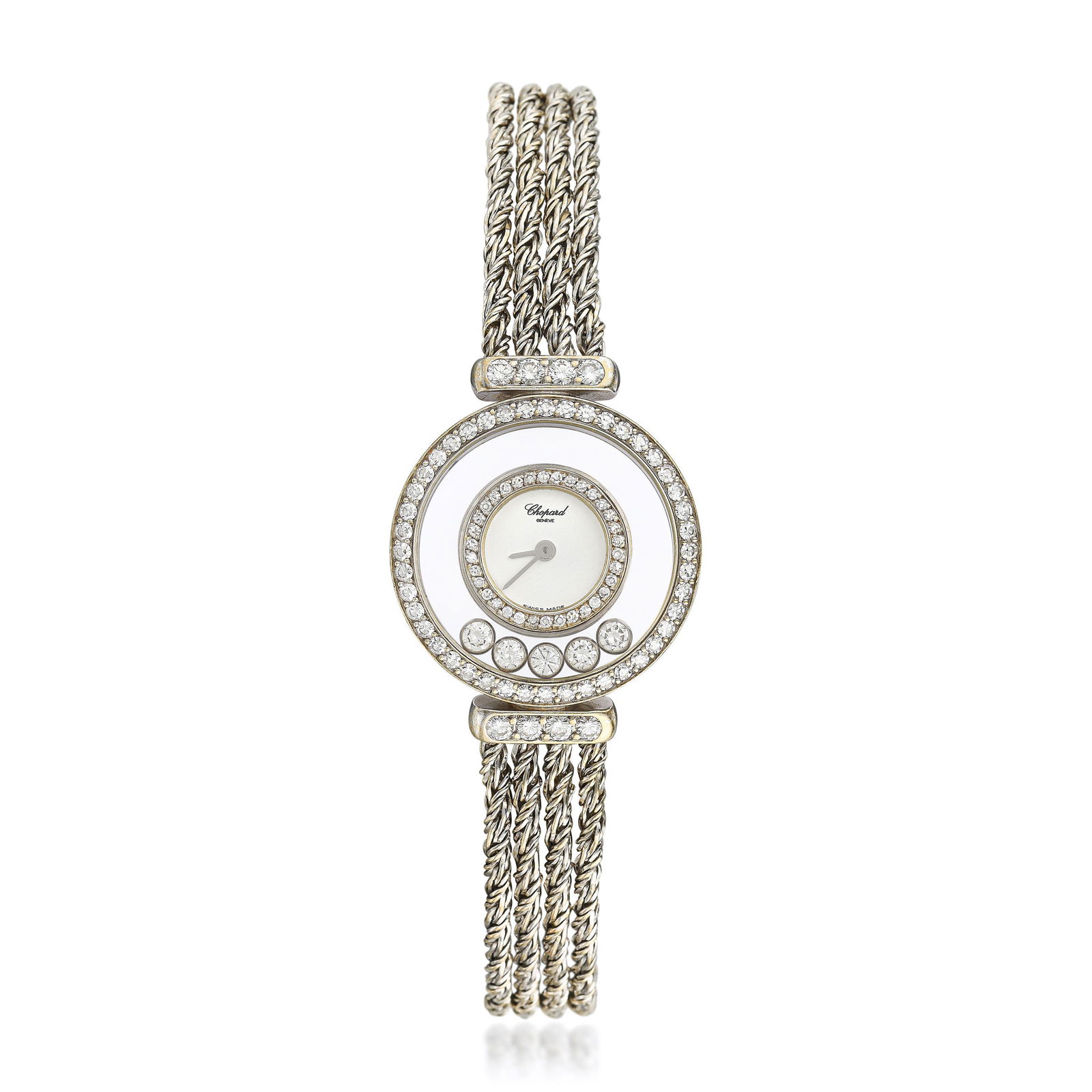 Chopard Happy Diamonds Rope Bracelet Watch in 18K Gold: CIRCA: 1980s SERIAL NUMBER: 2440614066 REF: 20/4012 CASE MATERIAL: 18K white gold CASE DIMENSIONS: 22.5 mm in diameter DIAL: Matte white dial BRACELET MATERIAL: 18K white gold integrated rope bracelet