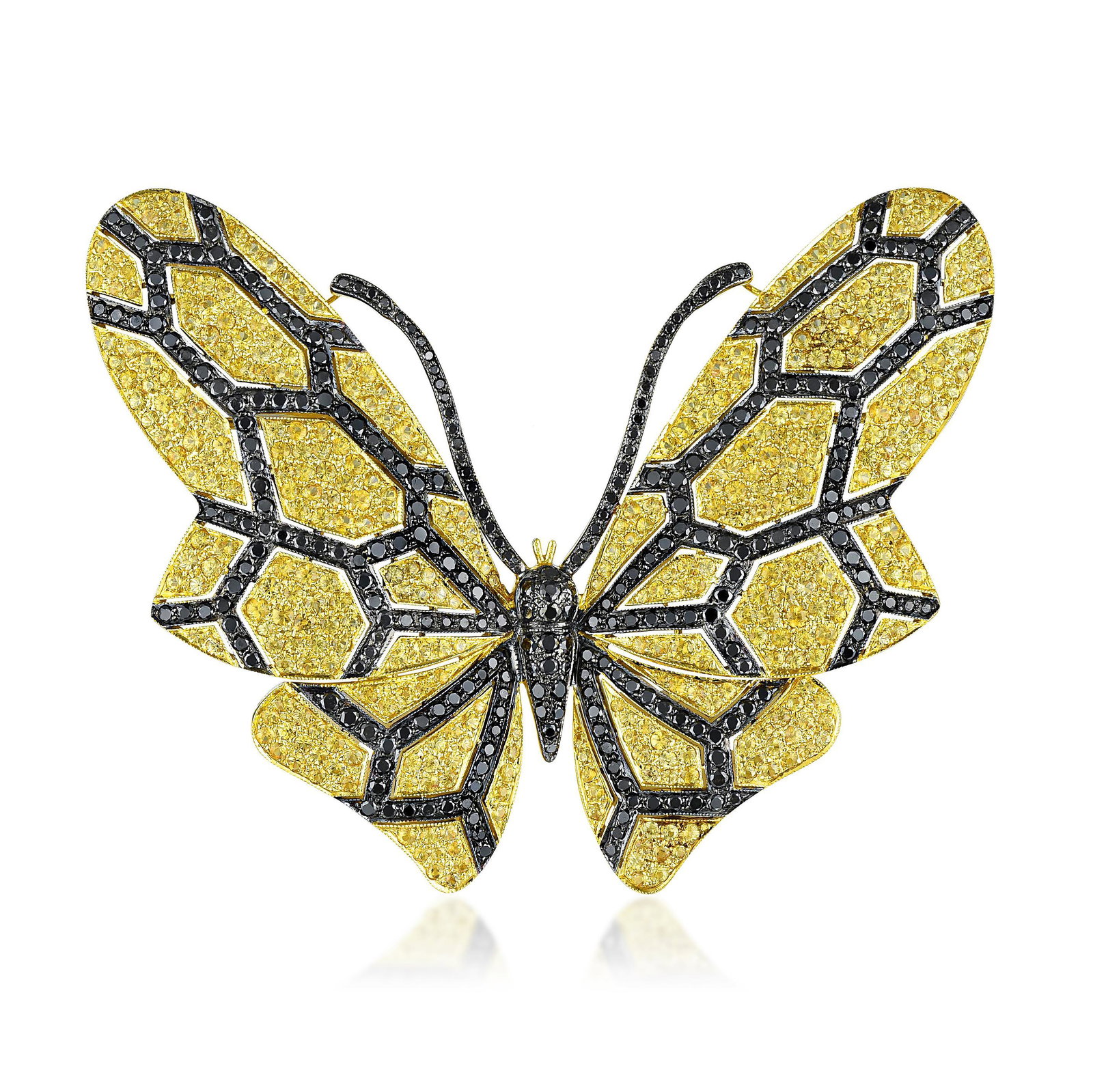 Yellow Sapphire and Diamond Butterfly Brooch: Crafted in 18K gold; set with round brilliant-cut black diamonds, weighing a total of approximately 4.00 carats; round modified brilliant-cut yellow sapphires, weighing a total of approximately 7.00 c