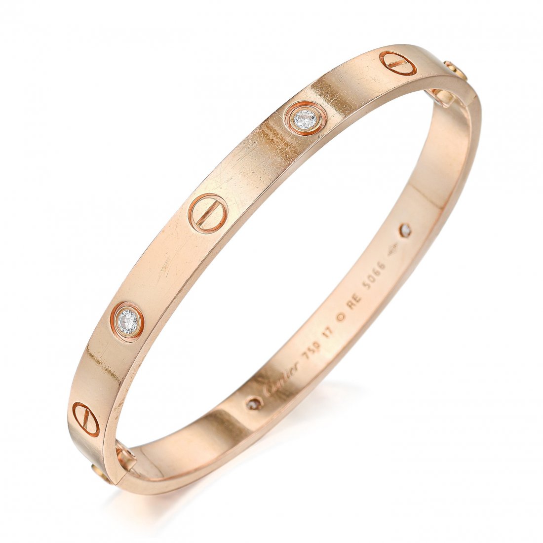 Cartier Love Bracelet, 4 Diamonds: View a video of this lot here: https://youtu.be/Nly9y9O8kF8 Crafted in 18K rose gold; set with four round brilliant-cut diamonds, weighing a total of approximately 0.35 carat; inner circumference meas