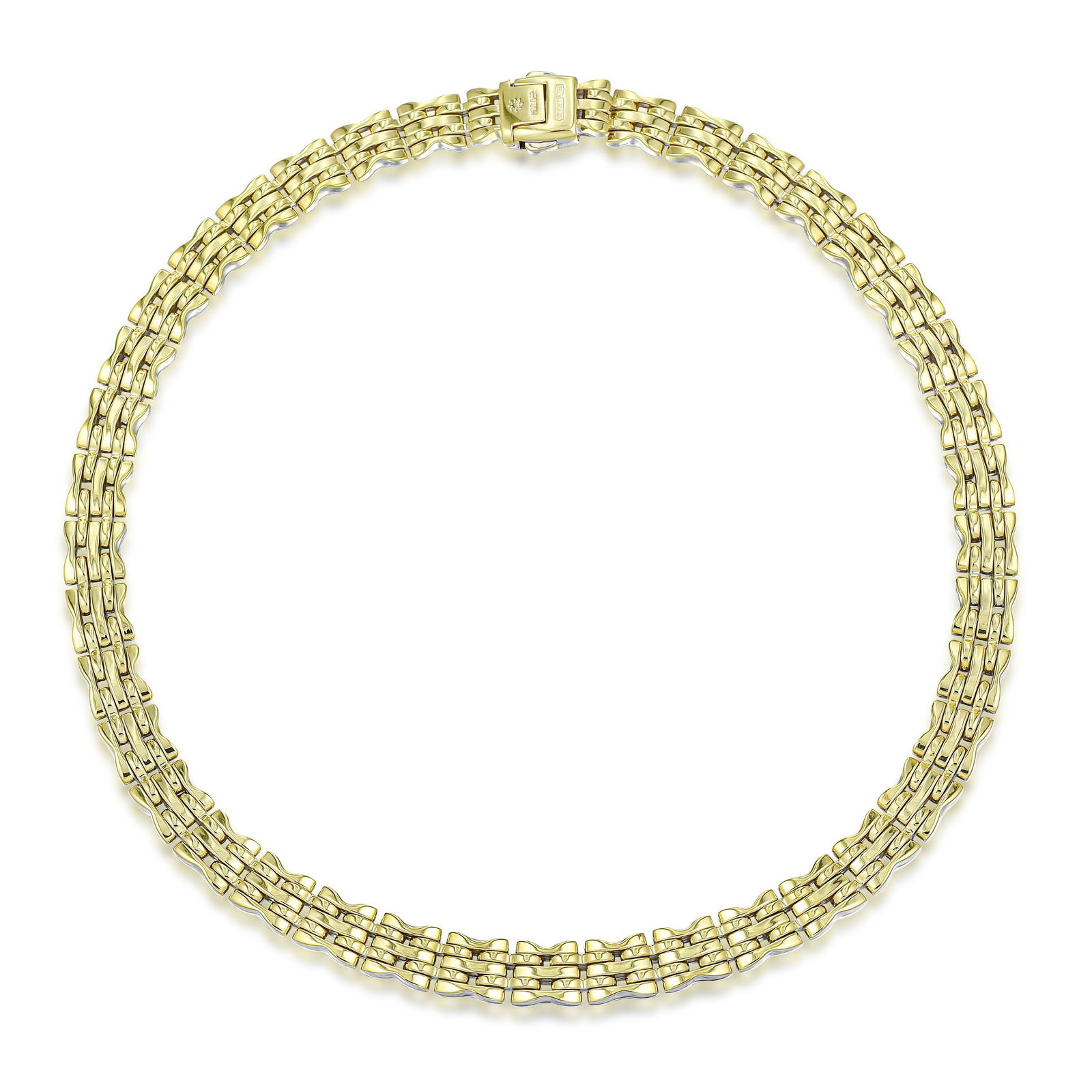 Chimento Reversible Two-Tone Necklace, Italian: View a video of this lot here: https://youtu.be/m1YWOVVREbkCrafted in 18K white and yellow gold; accented with a round brilliant-cut diamond on clasp; measures 17 inches, width 3/8 inch; weight 56.70