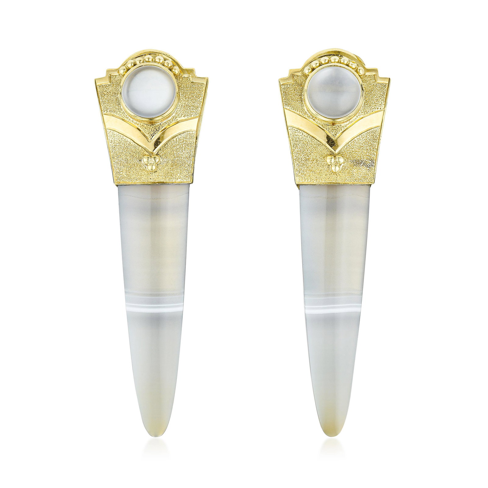 Moonstone and Agate Earrings: View a video of this lot here: https://youtu.be/1S6L5XifUE8 Crafted in 18K gold; set with round cabochon moonstone, measuring approximately 8.00 mm in diameter; triangular tabular-shaped agate, measur