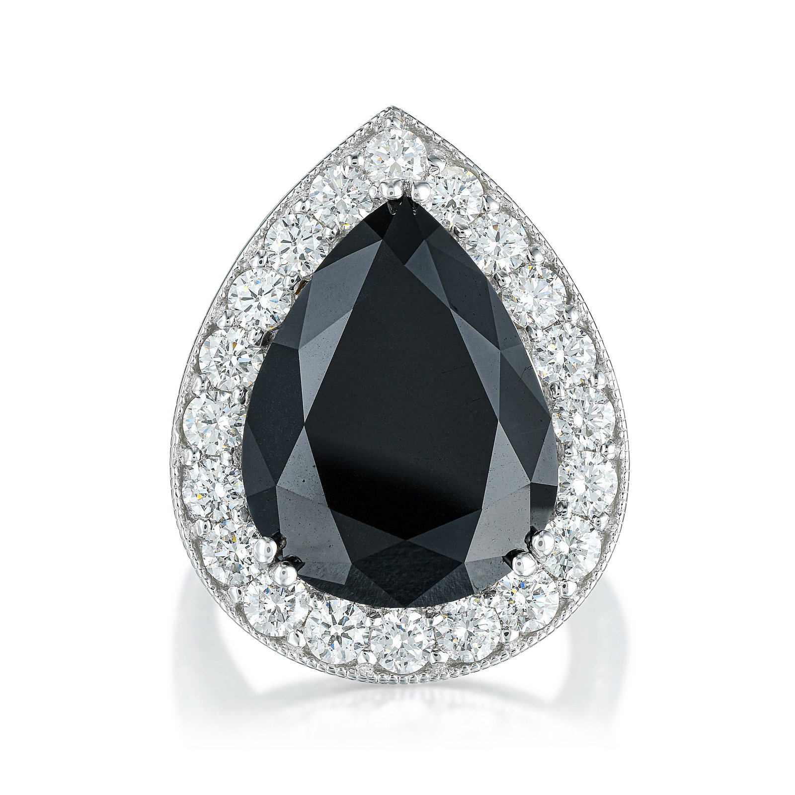 Pear-Shaped Black Diamond Ring: View a video of this lot here: https://youtu.be/45HtvDw7Ajk Crafted in 18K white gold; set with a black pear brilliant-cut diamond, weighing approximately 18.05 carats; surrounded by round brilliant-c