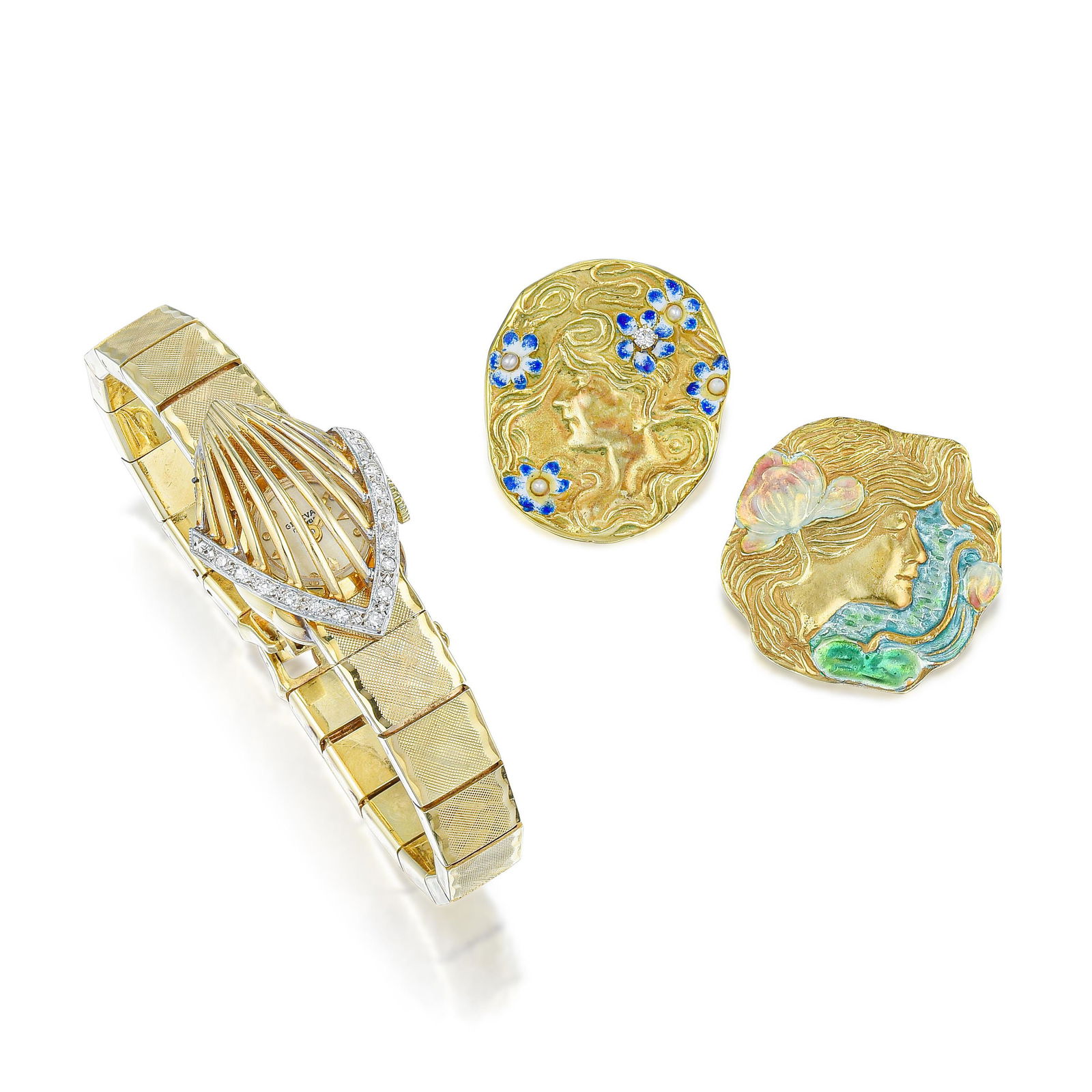 Group of Enamel Pendant/Brooch and Diamond Watch (1 of 3)