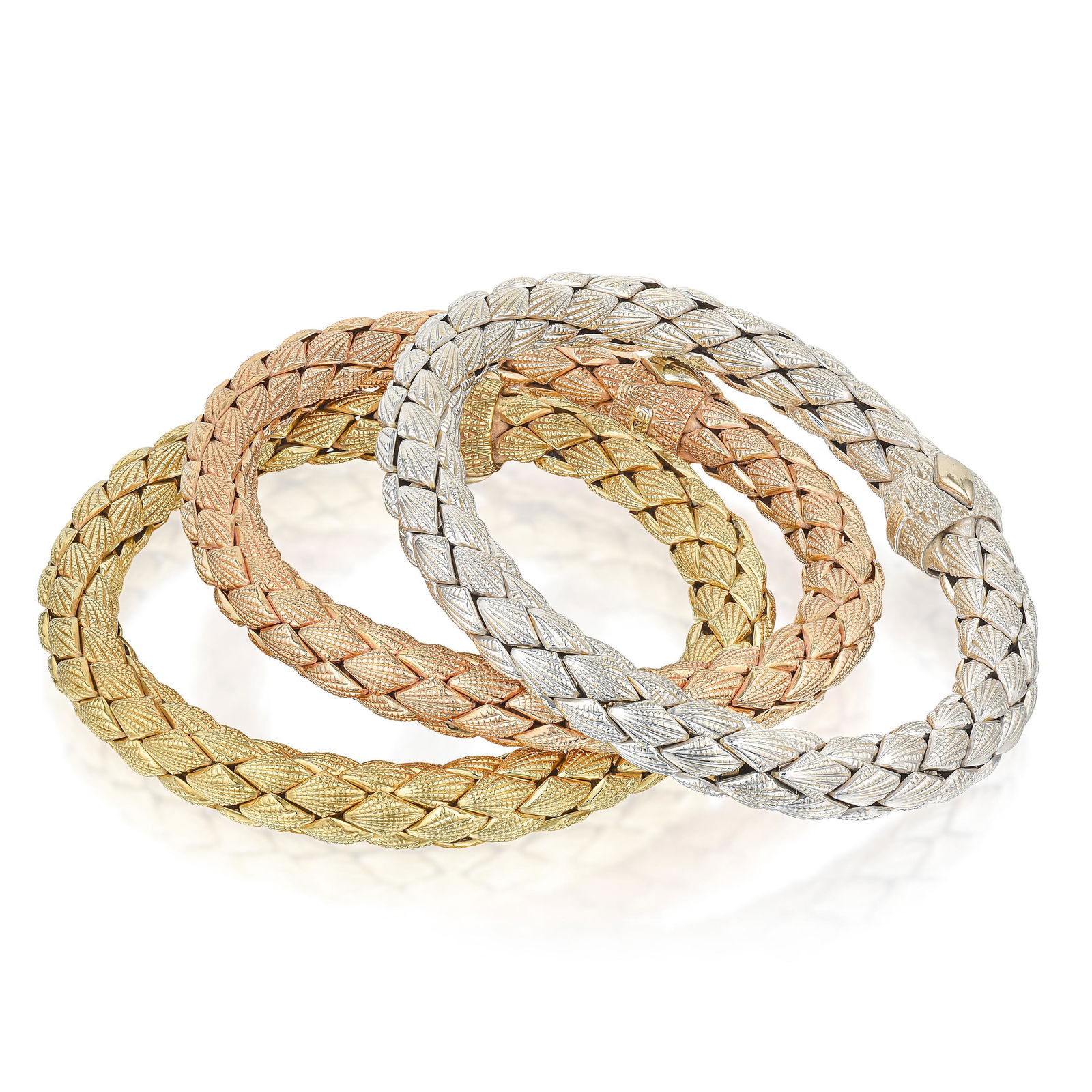 Chimento Three Matching Tri-Color Textured Gold: View a video of this lot here: https://youtu.be/ohuMBI9_GF4Crafted in 18K yellow, white and rose gold; set with round brilliant-cut diamonds (on clasp); measures 8-1/4 inches, width 1/4 inch; weight 1