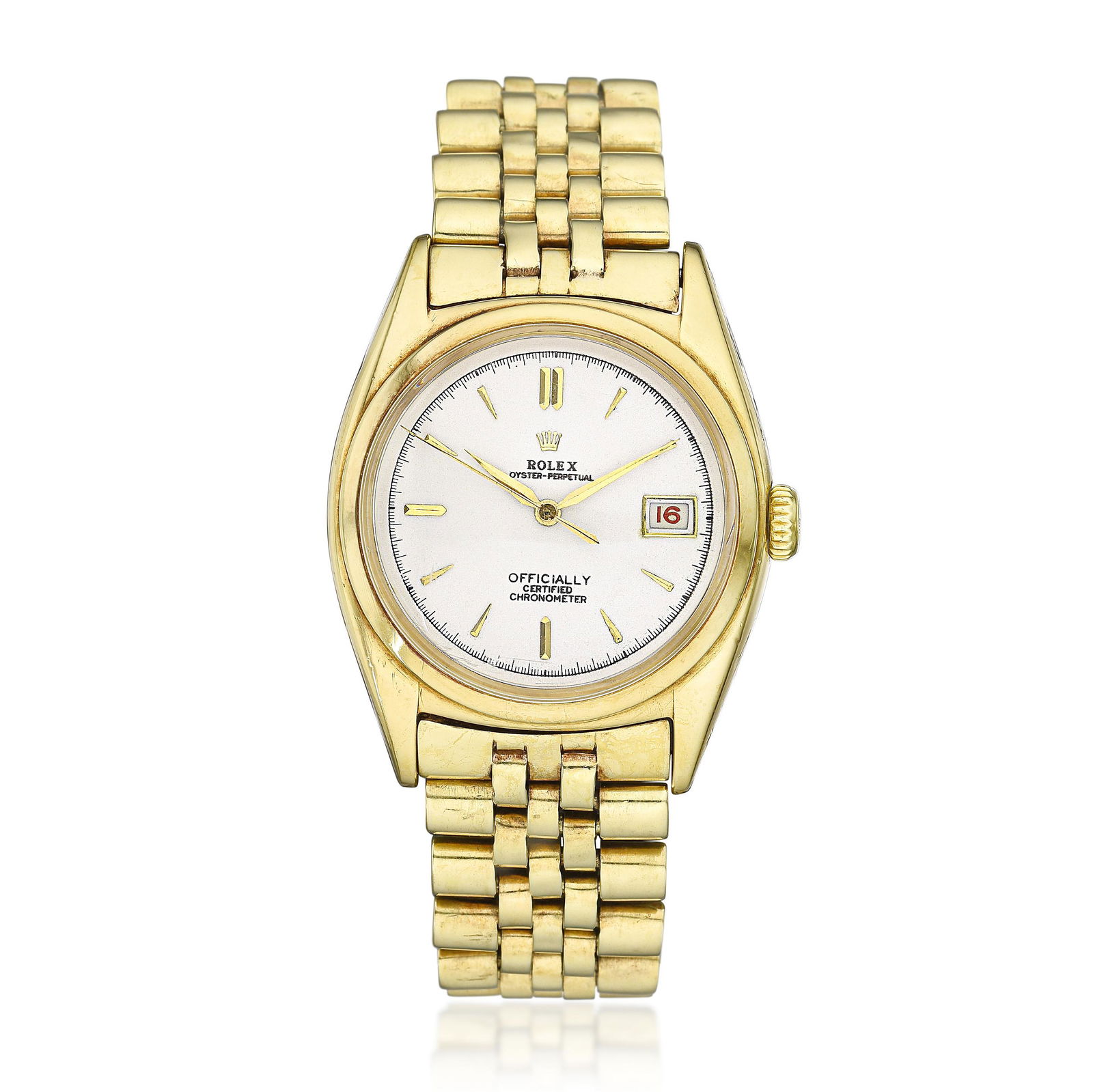 Rolex Ovettone in 18K Gold: View a video of this lot here: https://youtu.be/cZRGbMgSOVwCIRCA: 1953 SERIAL NUMBER: 937035 REF.: 6305 CASE MATERIAL: 18K yellow gold CASE DIMENSIONS: 36 mm in diameter DIAL: Matte white with applied