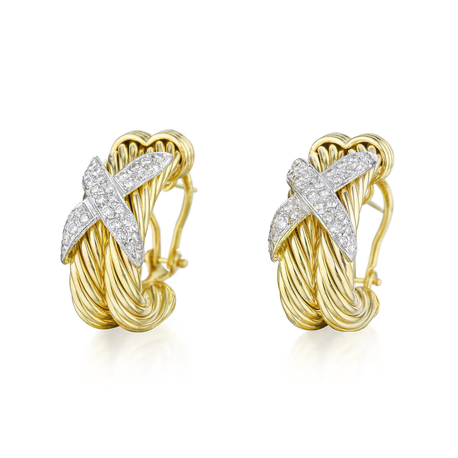 Diamond "X" Motif Large Hoop Earrings: View a video of this lot: Click Here Crafted in 14K gold; set with round brilliant-cut diamonds; measures 1 x 1/2 inch; weight 15.90 g.