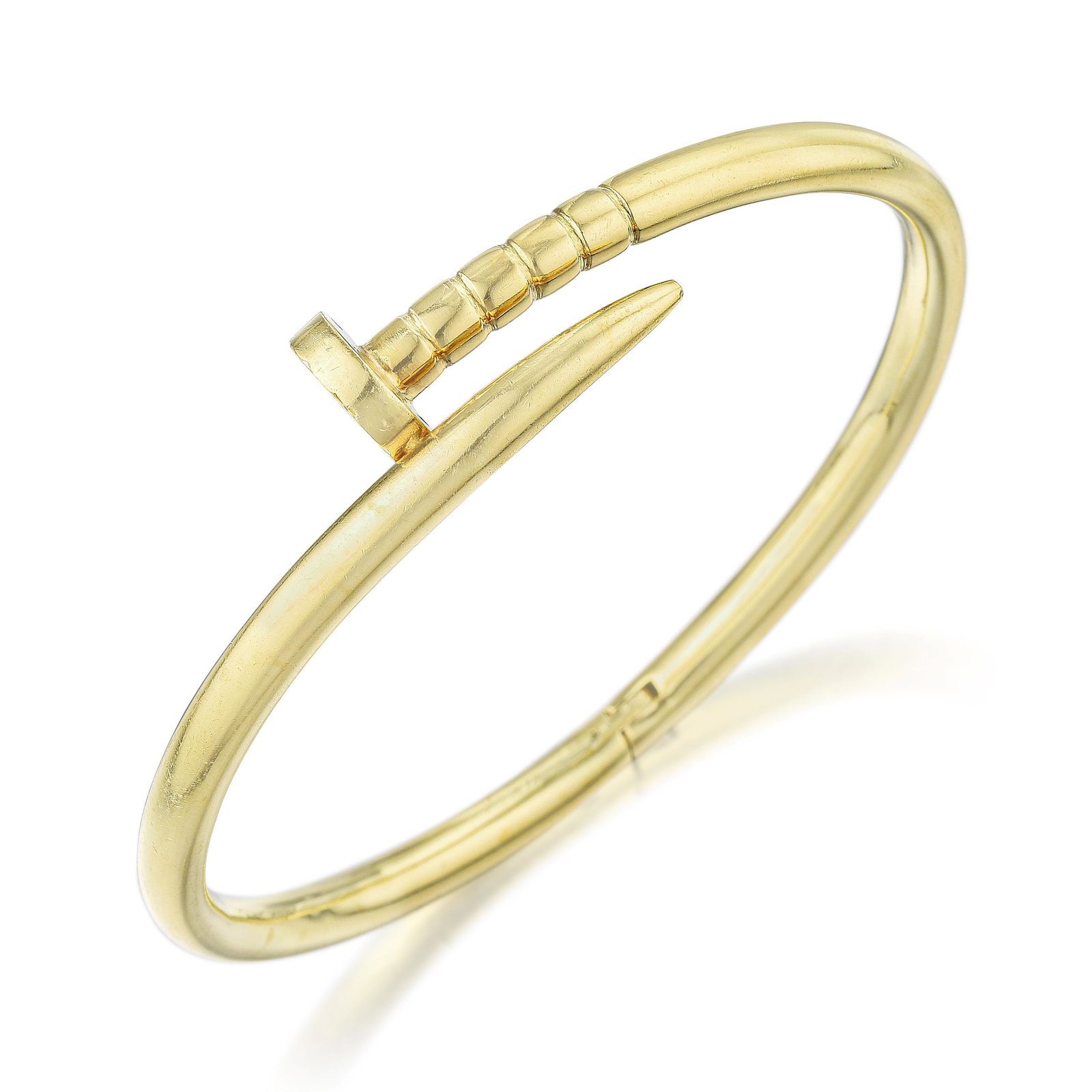 Nail Hinged Bangle Bracelet, Italian: View a video of this lot: Click Here Crafted in 18K gold; 7 inches inner circumference; weight 18.30 g. Stamped: 18K, 750, Italian hallmark PROPERTY OF A NEW JERSEY LADY