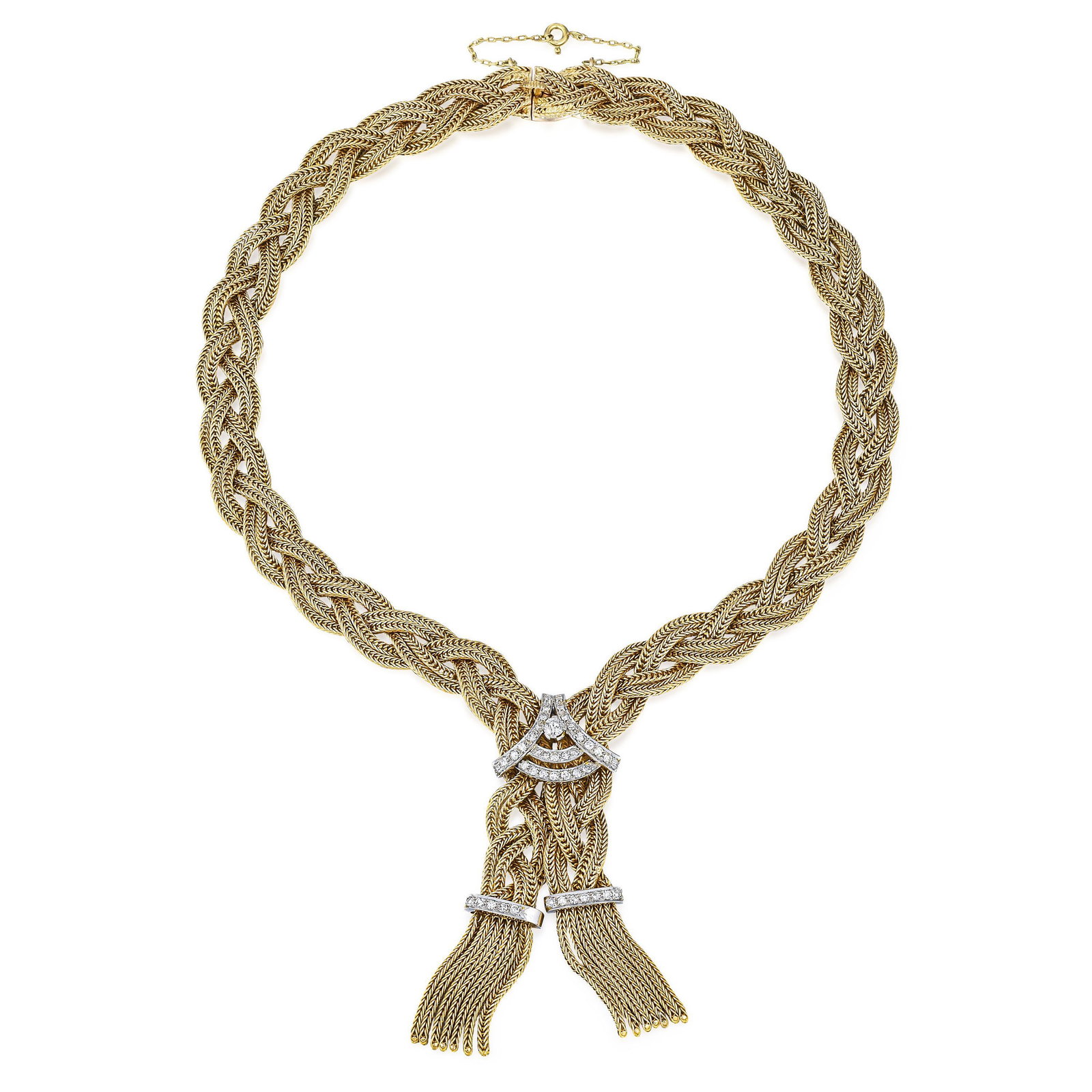 Vintage Diamond Braided Lariat Tassel Necklace: View a video of this lot: Click Here Crafted in 18K gold; this double strand braided lariat necklace comes together handsomely with accent elements set with single- and round brilliant