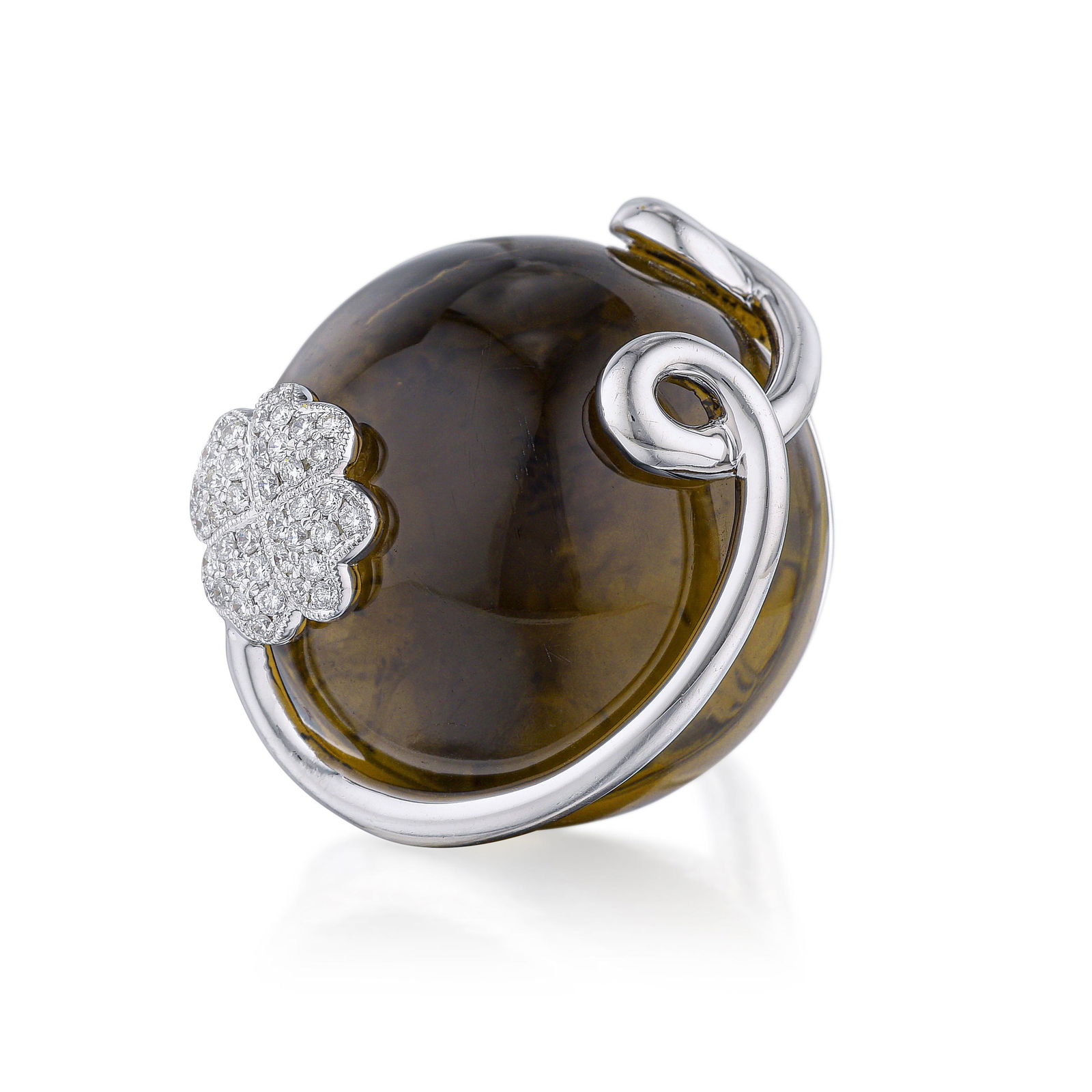 Quartz and Diamond Four Leaf Clover Ring: View a video of this lot: Click HereCrafted in 18K white gold; set with cabochon quartz weighing approximately 64.55 carats; accented by round brilliant-cut diamonds, weighing a total