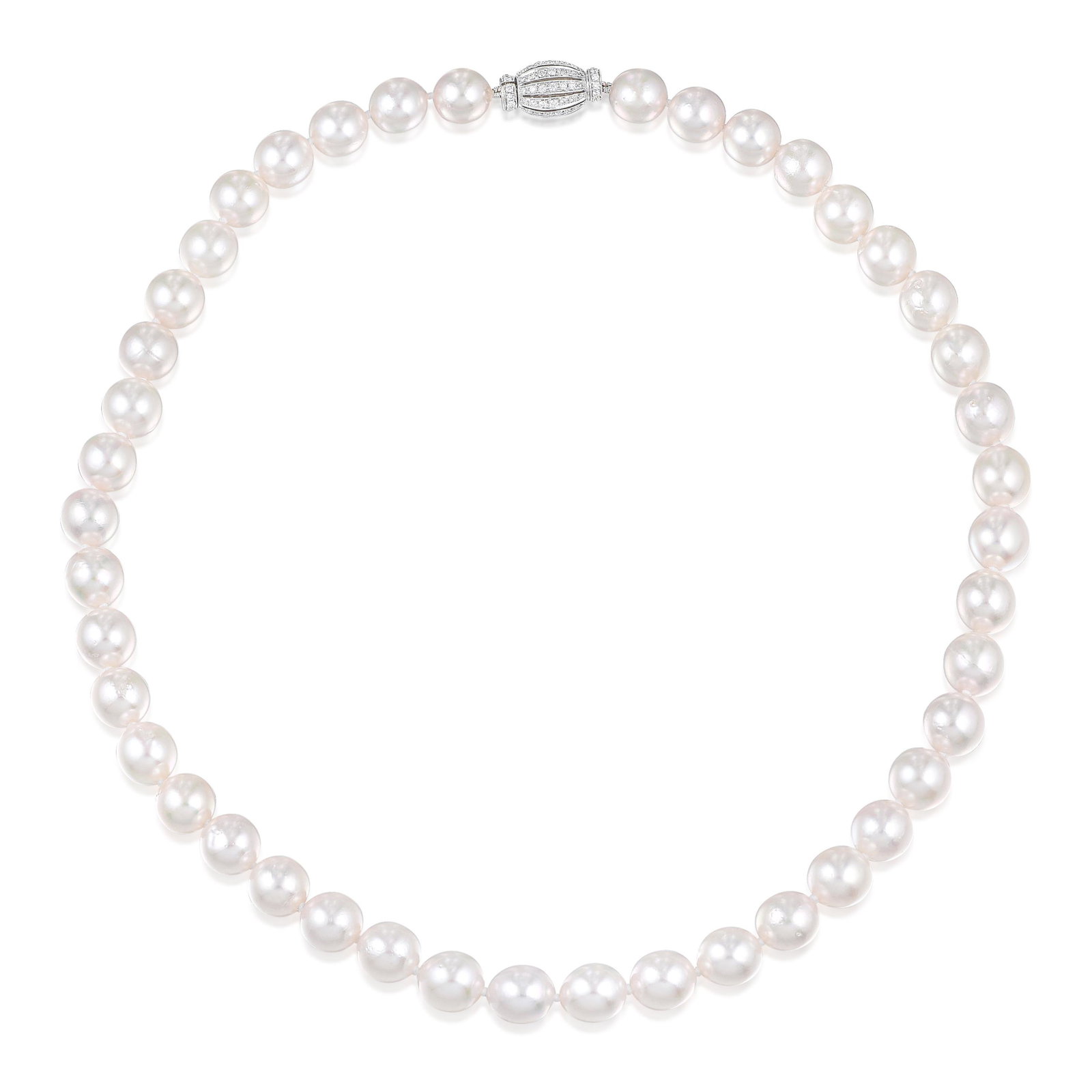 Cultured Pearl and Diamond Necklace: View a video of this lot: Click Here Strung with cultured pearls, measuring approximately 8.50 - 8.70 mm; fastened with a clasp crafted in 18K gold; accented by round brilliant-cut dia