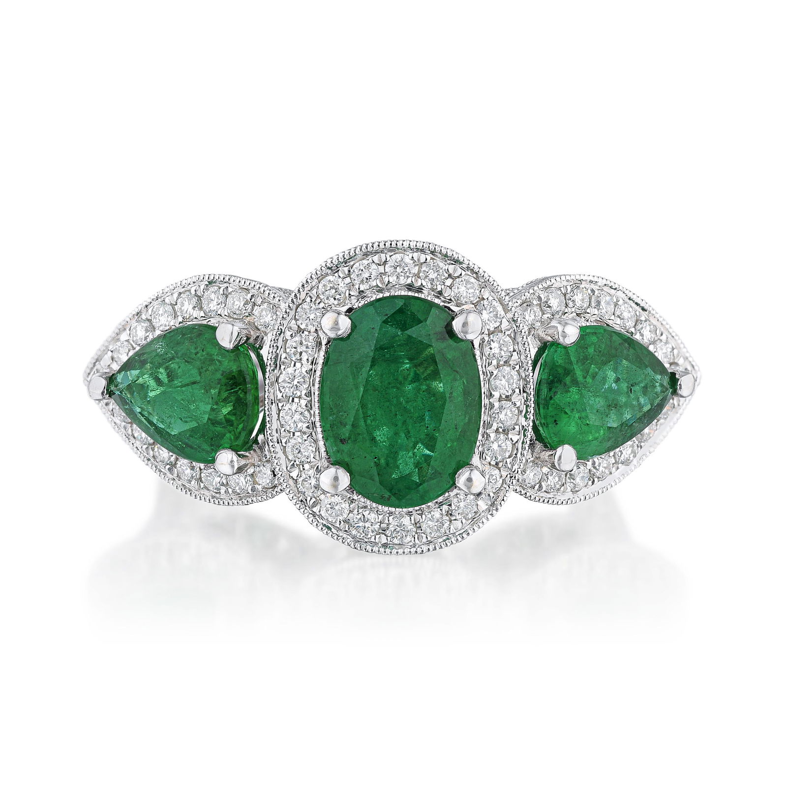 Three-Stone Emerald and Diamond Halo Ring (1 of 3)