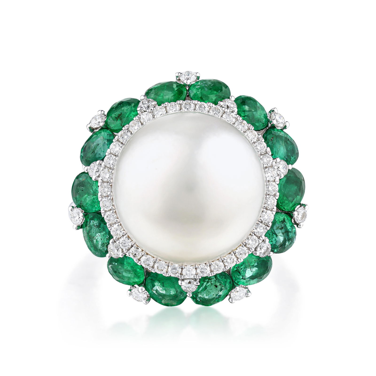 Cultured Pearl Emerald and Diamond Flower Ring (1 of 3)