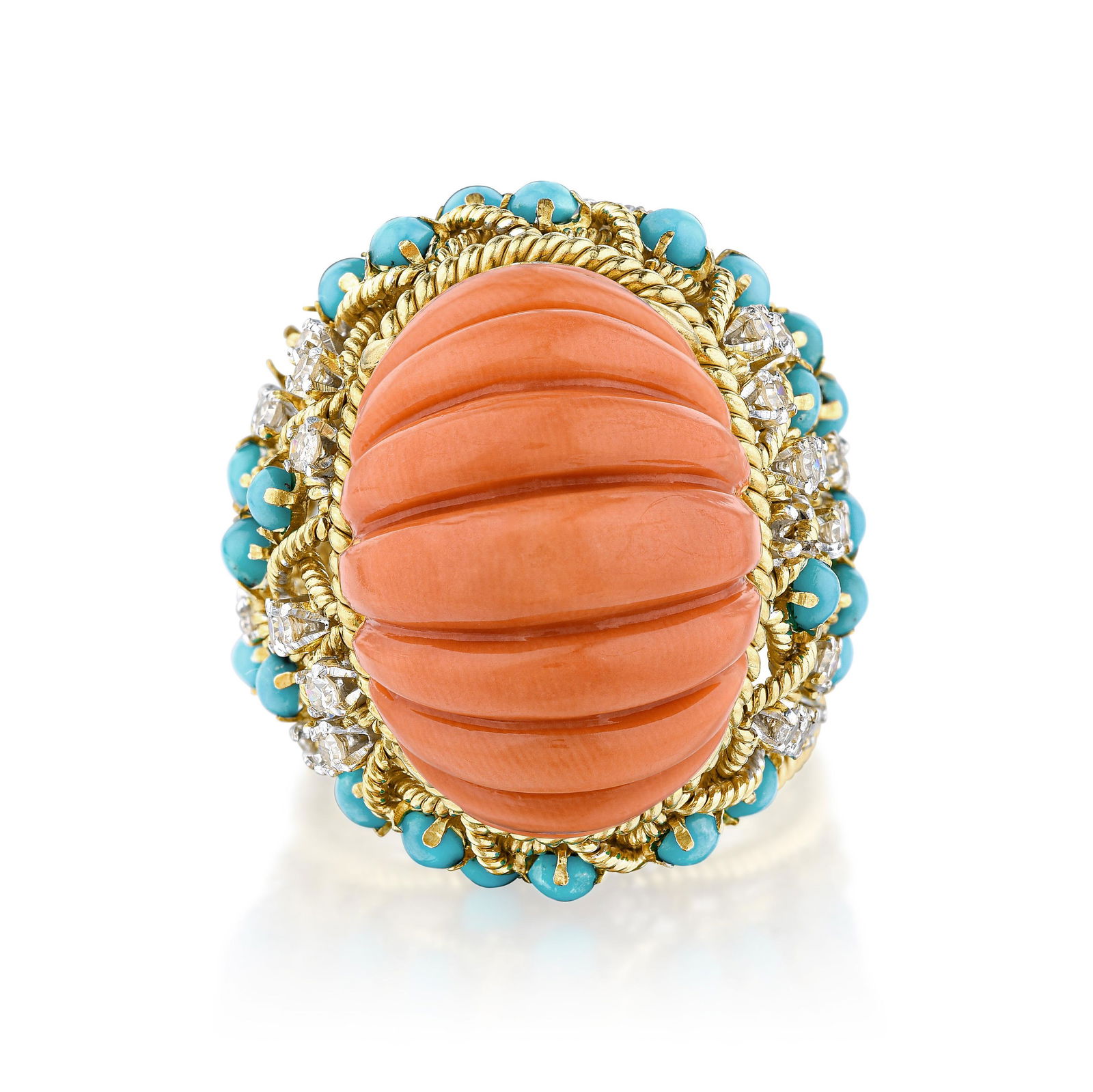 Carved Coral Turquoise and Diamond Cocktail Ring (1 of 3)