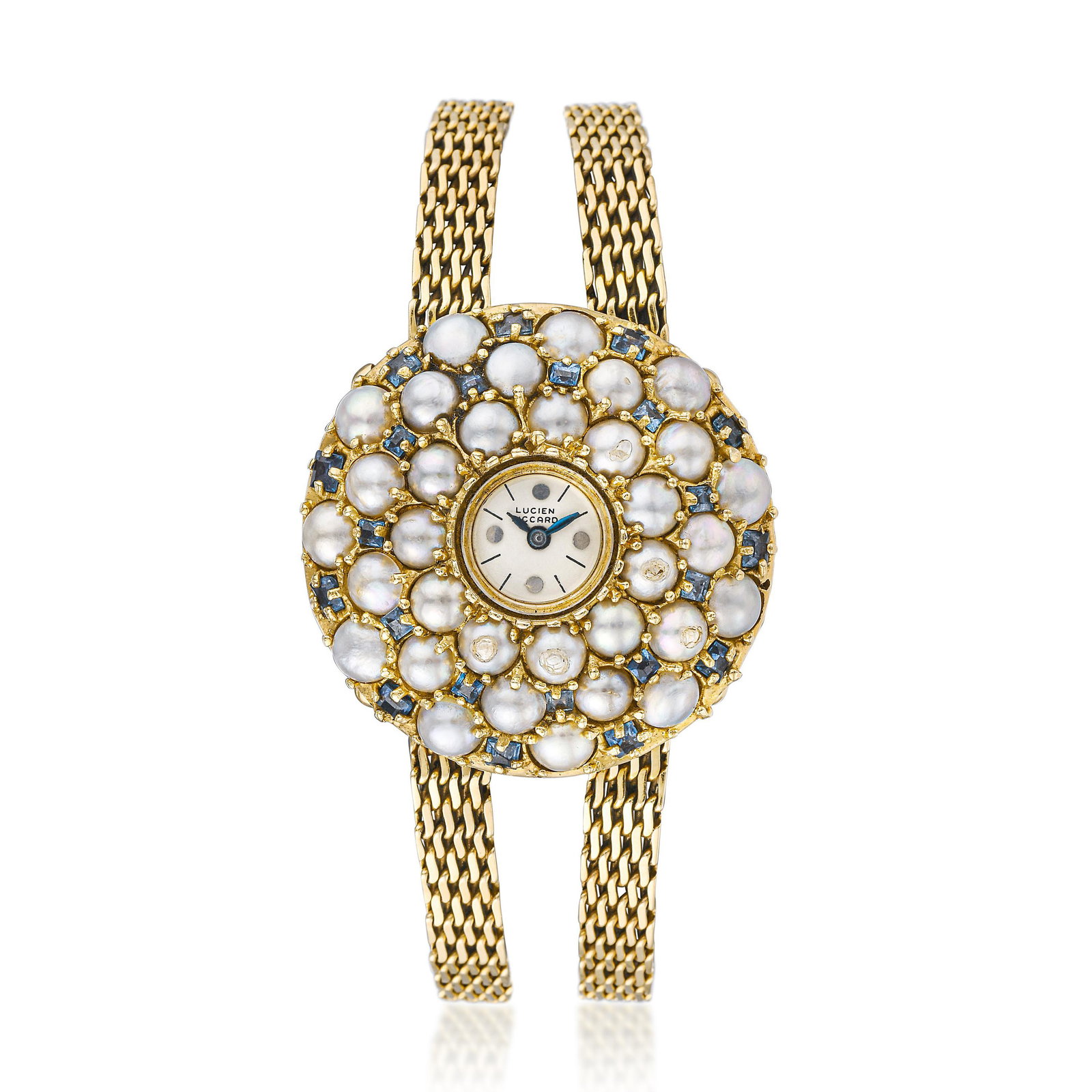 Lucien Piccard Bracelet Watch in 14K Gold with Pearls: CIRCA: 1960s CASE NUMBER: A01435 CASE MATERIAL: 14K gold with prong-set pearls and sapphires on the bezel CASE DIMENSIONS: 36 mm in diameter DIAL: White dial with applied hour markers at the "12," "3,