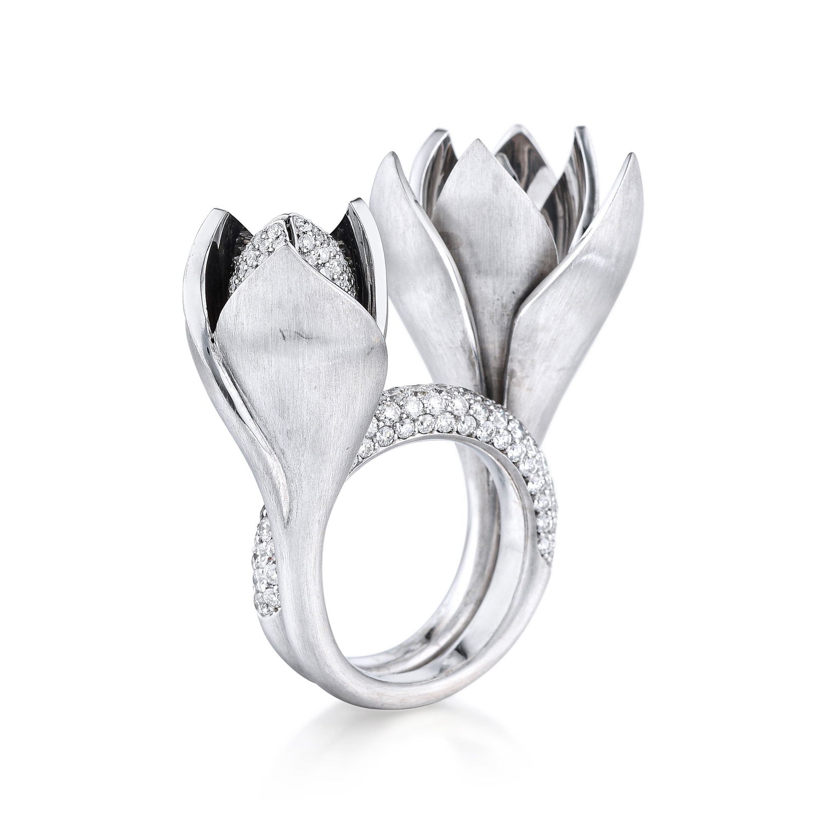 Georg Hornemann Two Standing Tulip Diamond Ring: View a video of this lot: Click HereCrafted in 18K white gold; accented with round brilliant-cut diamonds, weighing a total of approximately 3.50 carats, most with E-F color and VS cl