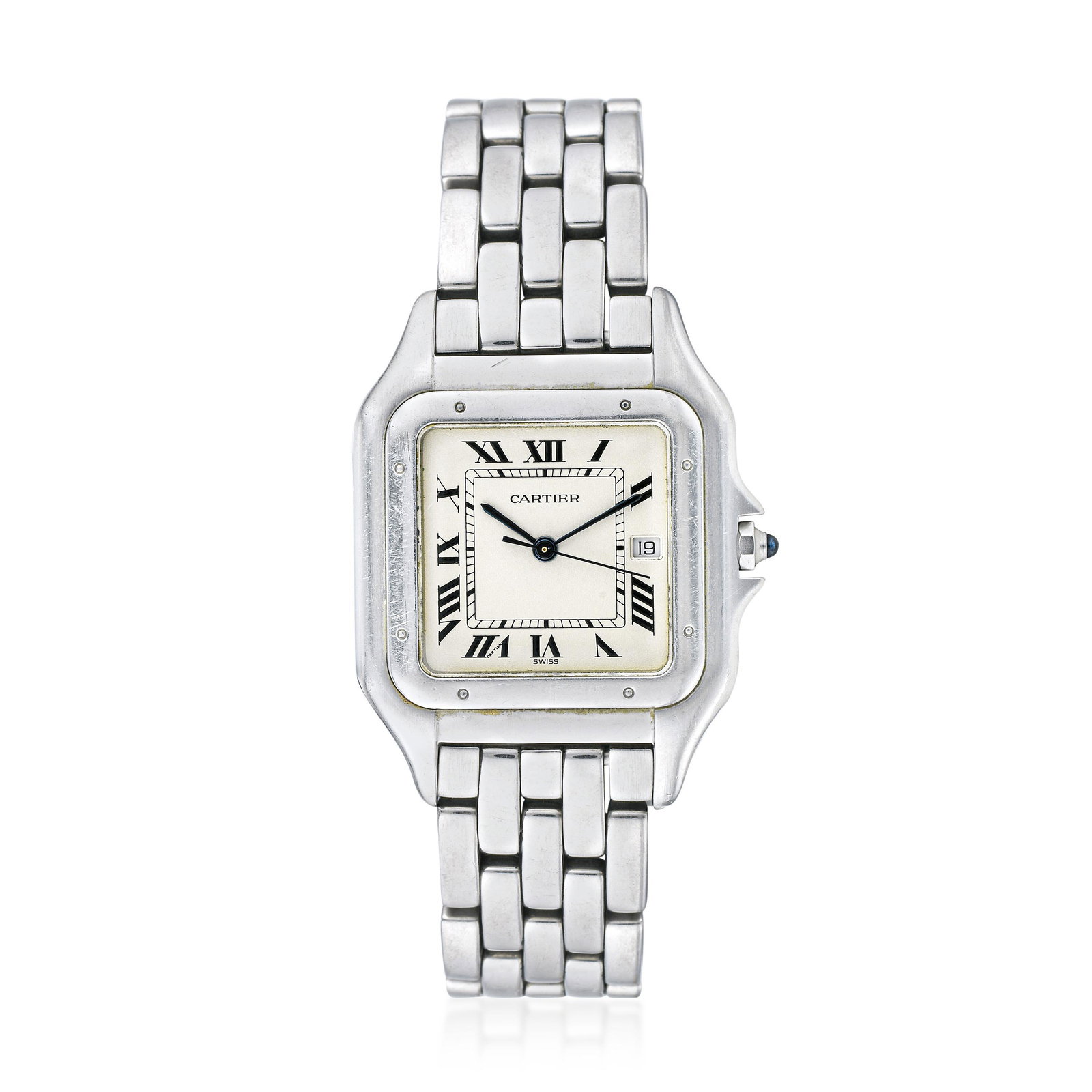 Cartier Panthere Jumbo in Steel: CIRCA: 1990s SERIAL NUMBER: 0069651 REF.: 1300 CASE MATERIAL: Stainless steel CASE DIMENSIONS: 29mm x 40 mm lug-to-lug DIAL: Antique white dial with printed Roman numerals. Date aperture at the "3" ho