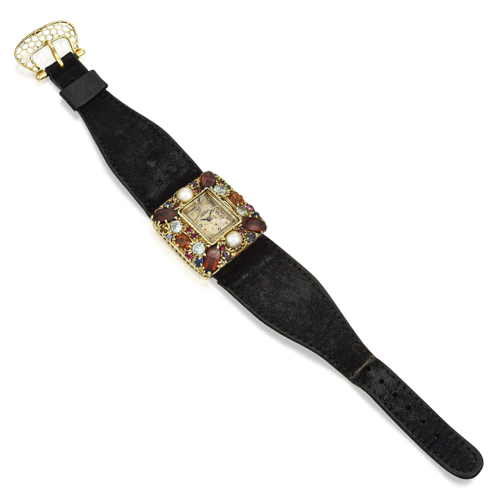 Lucien Piccard Ladies Watch in 14K Gold: CIRCA: 1960s CASE NUMBER: 4063 CASE MATERIAL: 14K yellow gold with prong-set gemstones CASE DIMENSIONS: 30 mm square DIAL: Silver with applied hour markers, printed Arabic numerals at the "12," "3," "