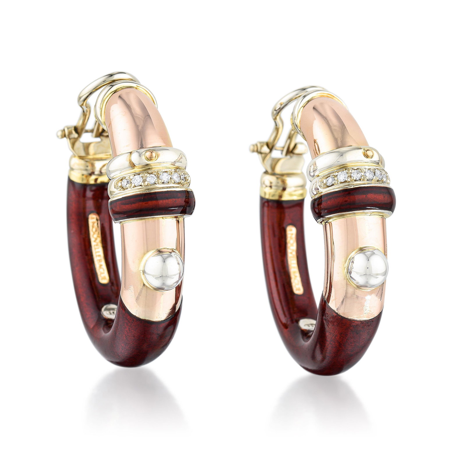La Nouvelle Bague Enamel and Diamond Hoop Earrings: METAL: 18K gold and silver GEMSTONE(S): accented with round-cut diamonds MEASUREMENTS: 1-1/2 x 1-1/4 inches WEIGHT: 18.50 g. Stamped: 18K. , 782F1, 750, 925, laNOUVELLEBAGUE