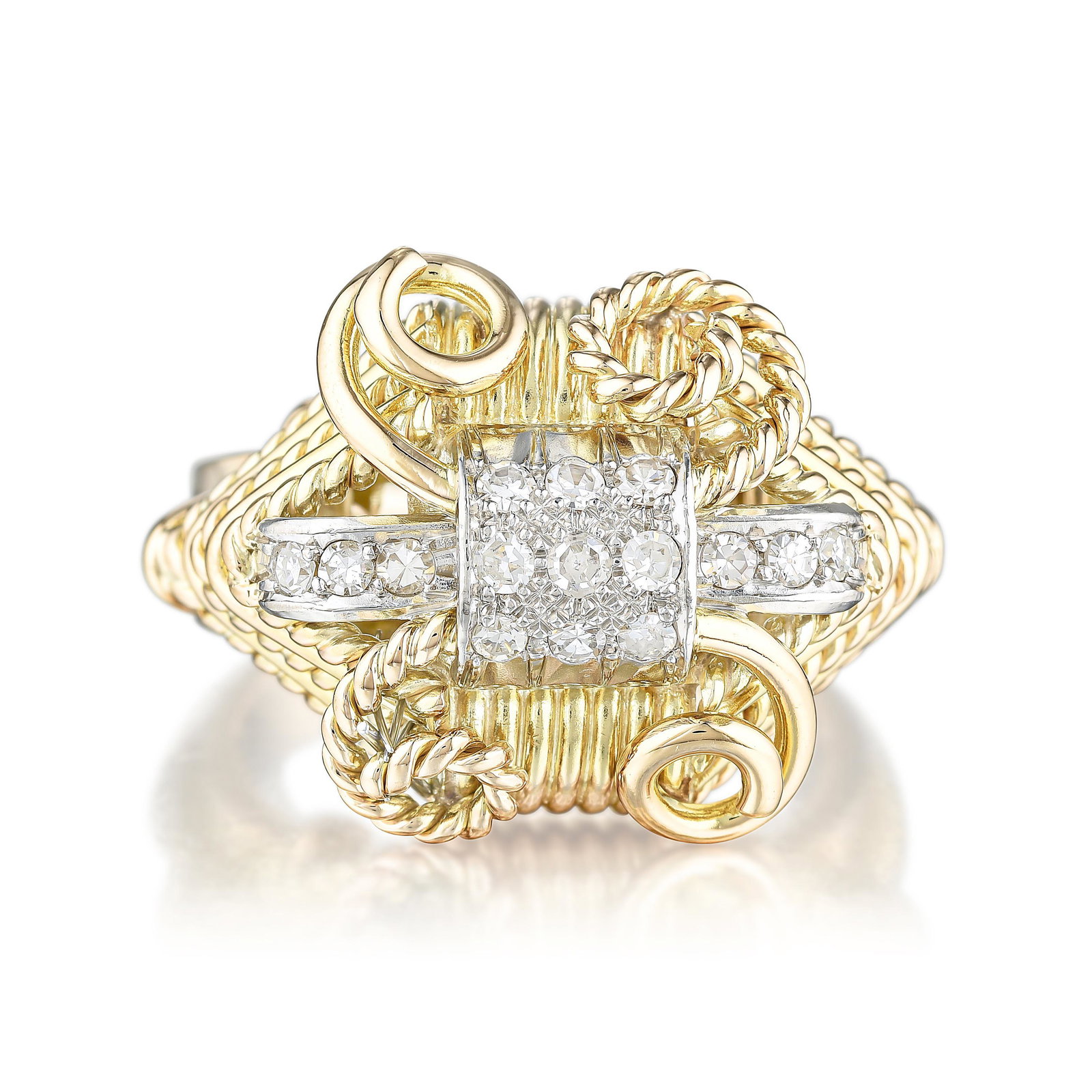 Diamond Ring: METAL: 18K gold GEMSTONE(S): single cut diamonds MEASUREMENTS: ring top 5/8 x 7/8 inch RING SIZE: 9-1/2 WEIGHT: 14.40 g.