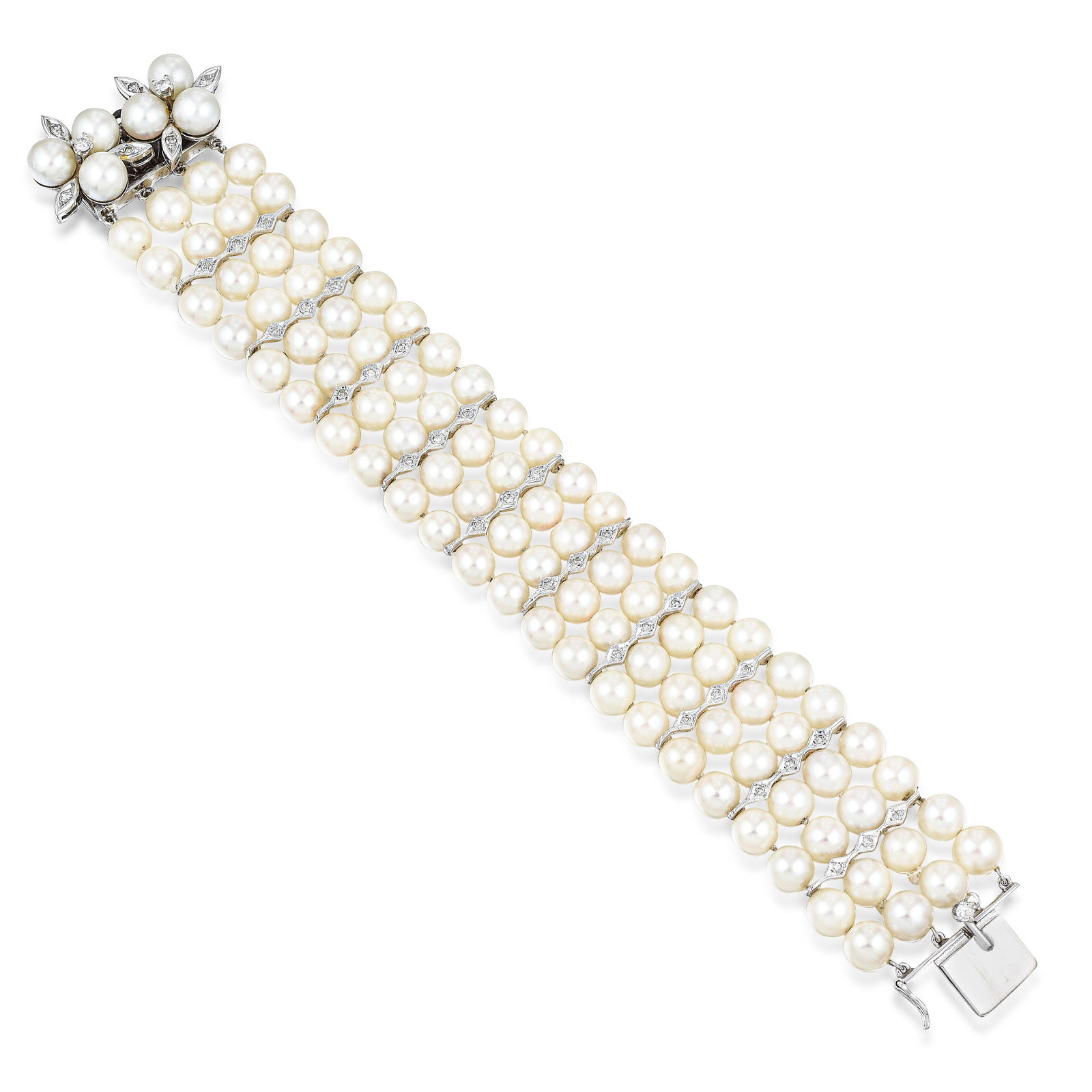 Cultured Pearl and Diamond Bracelet: METAL: 10K white gold GEMSTONE(S): cultured pearls approx. 6.80 mm; accented with single and round brilliant cut diamonds MEASUREMENTS: 7-1/2 x 1 inches WEIGHT: 58.90 g.