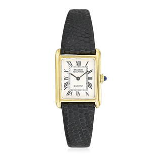 No-Reserve Lot - Bulova Accutron Ladies' Watch in Base Metal: CIRCA: 1978 CASE MATERIAL: Base metal with gold vermeil CASE DIMENSIONS: 23 mm wide x 30 mm lug-to-lug DIAL: White lacquer dial with printed Roman numerals BRACELET MATERIAL: Original black