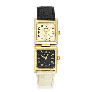 No-Reserve Lot - Pearl Dual Timezone Watch in Gold Vermeil: CIRCA: 1990s CASE MATERIAL: gold vermeil over base metal CASE DIMENSIONS: 20 mm wide x 48 mm lug-to-lug DIAL: 1) White mother-of-pearl with printed arabic numerals 2) Gloss black with gold printed