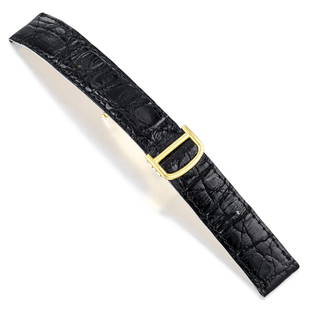 Cartier Strap and Deployant Buckle in 18K Gold: CIRCA: 1990s BRACELET MATERIAL: Cartier-signed black crocodile strap with Cartier-signed deployant buckle in 18K yellow gold (cannot be shipped internationally) MAX. BRACELET SIZE: 5-1/2 inches 