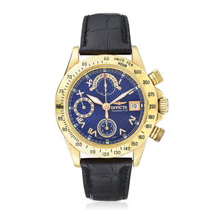 Invicta Limited Edition Chronograph in 18K Gold: CIRCA: 2000s CASE NUMBER: 50/50 CASE MATERIAL: 18K yellow gold CASE DIMENSIONS: 38 mm in diameter DIAL: Blue textured dial with applied Roman numerals in gold. Three chronograph subdials. 