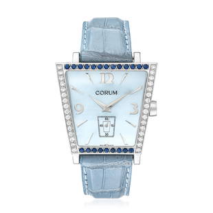 Corum Trapeze in Steel: CIRCA: 2010s SERIAL NUMBER: 686031 REF.: 106.406.407 CASE MATERIAL: Stainless steel GEMSTONE(S): round faceted synthetic sapphires approx. 0.84 carat total; round brilliant cut diamonds approx.