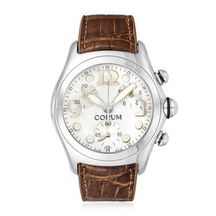 Corum Bubble Chronograph in Steel: CIRCA: 2010s SERIAL NUMBER: 769251 REF.: 396.250.20 CASE MATERIAL: Stainless steel CASE DIMENSIONS: 45 mm in diameter DIAL: White with three subdials, Arabic numerals and luminous hour markers 