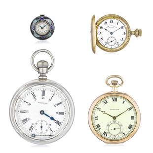 Lot of 4 Pocket Watches: CIRCA: Late 1800s to early 1900s Waltham-Sterling silver railroad pocket watch 56 mm Birks-Base metal hunter cased pocket watch 35 mm Hamilton-Rose gold filled pocket watch 47 mm Awoner-ball-shaped