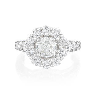 Diamond Halo Engagement Ring: METAL: 18K white gold GEMSTONE(S): center round brilliant cut diamond approx. 0.81 carat, H-I/I1; surrounded by round brilliant cut diamonds approx. 1.26 carats total, most G-H/SI-I MEASUREMENTS: