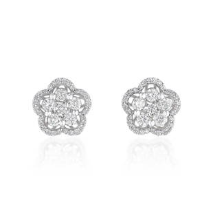 Diamond Flower Earrings: METAL: 14K white gold GEMSTONES: round brilliant cut diamonds approx. 1.16 carats total, most H-J/SI MEASUREMENTS: 3/8 x 3/8 inch WEIGHT: 4.70 g.Stamped: 14K, 585