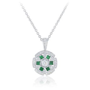 Diamond and Emerald Pendant Necklace: METAL: 18K white gold GEMSTONES: square faceted emeralds approx. 0.35 carat total; enhanced by round brilliant cut diamonds approx. 0.42 carat total, most G-H/VS-SI MEASUREMENTS: chain length