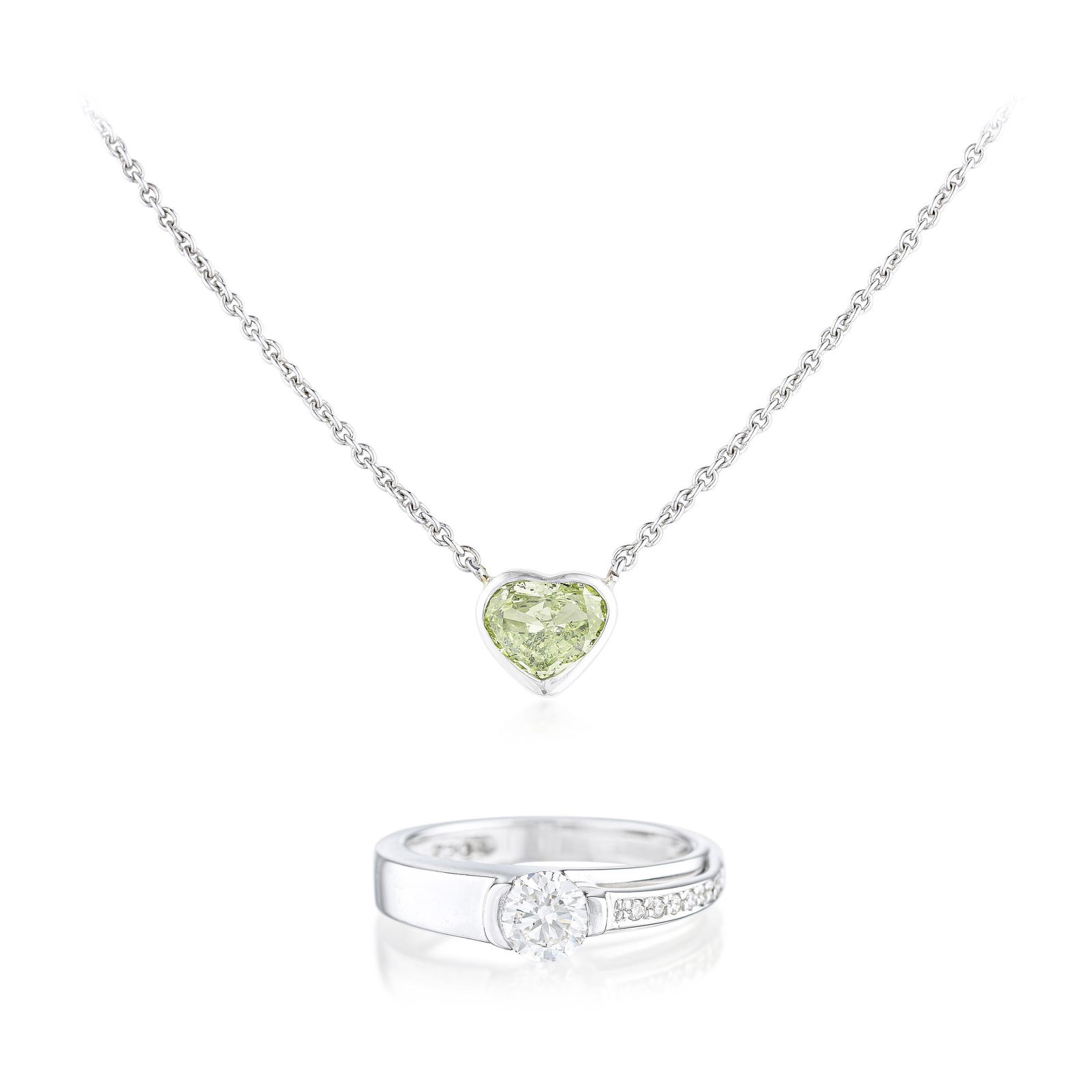 Fancy Intense Green-Yellow Diamond Heart Necklace and Diamond Ring (1 of 3)