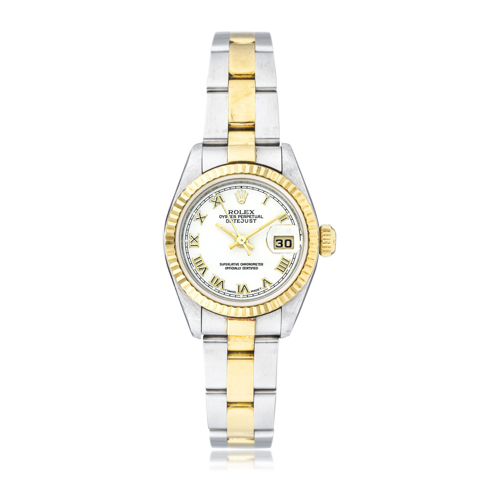 Rolex Ladies' Datejust in Steel and 18K Gold: View a video of this lot: Click HereCIRCA: 1998SERIAL NUMBER: A655014REF.: 79173CASE MATERIAL: Stainless steel and 18K goldCASE DIMENSIONS: 26 mm in diameter