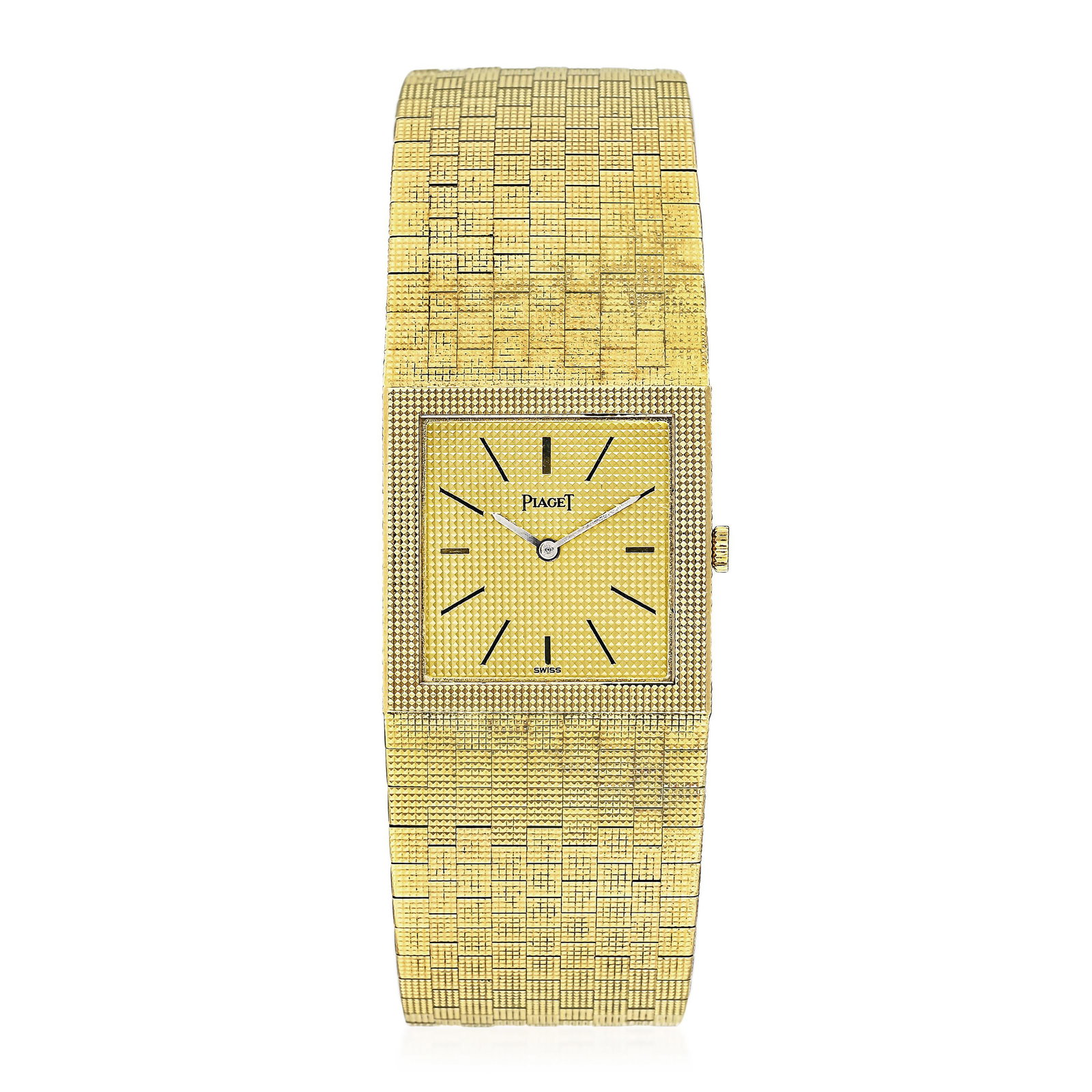 Piaget Men's Bracelet Watch in 18K Gold: View a video of this lot: Click Here CIRCA: 1970s SERIAL NUMBER:292830 REF.: 9131C4 CASE MATERIAL: 18K yellow gold CASE DIMENSIONS: 23 mm square DIAL: Gol