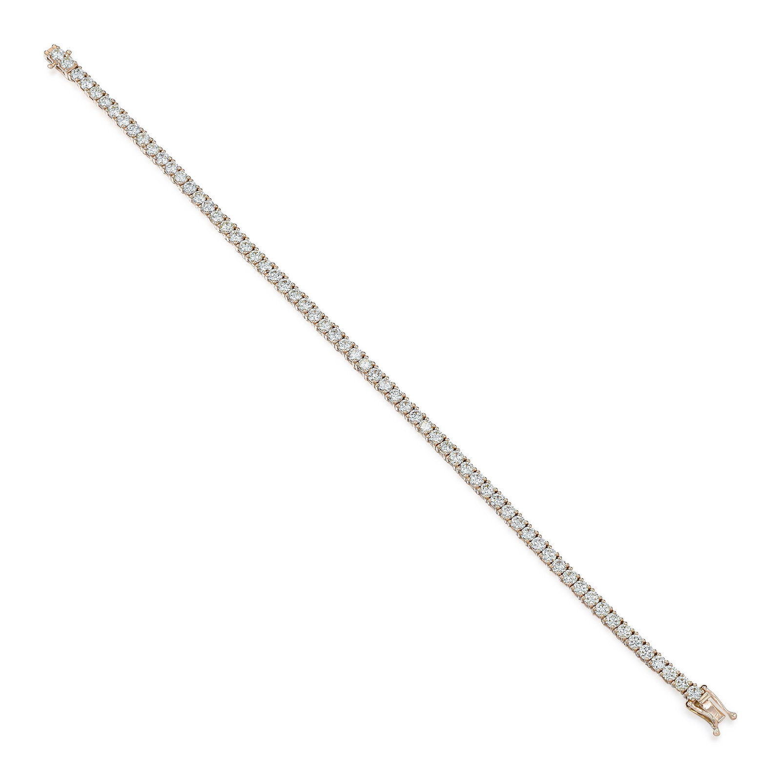 Diamond Tennis Bracelet: View a video of this lot: Click Here Crafted in 14K rose gold; set with round brilliant cut diamonds, weighing a total of approximately 7.25 carats, most with H-I color and VS clarity;