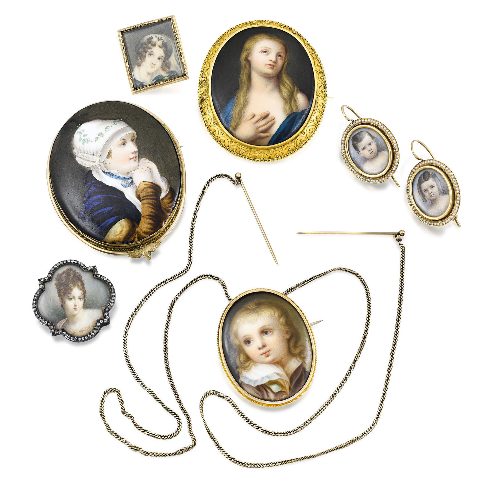 No-Reserve Lot - Group of Antique Portrait Jewelry: METAL: 14K, 18K and silver topped 14K gold GEMSTONE(S): colorless stones; seed pearls MEASUREMENTS: 26-3/4 inches; 1-7/8 x 1-1/2 inches; 2-7/8 x 2-1/4 inches; 2-1/2 x 2-1/8 inches; 1-1/4 x 1-1/4 inche