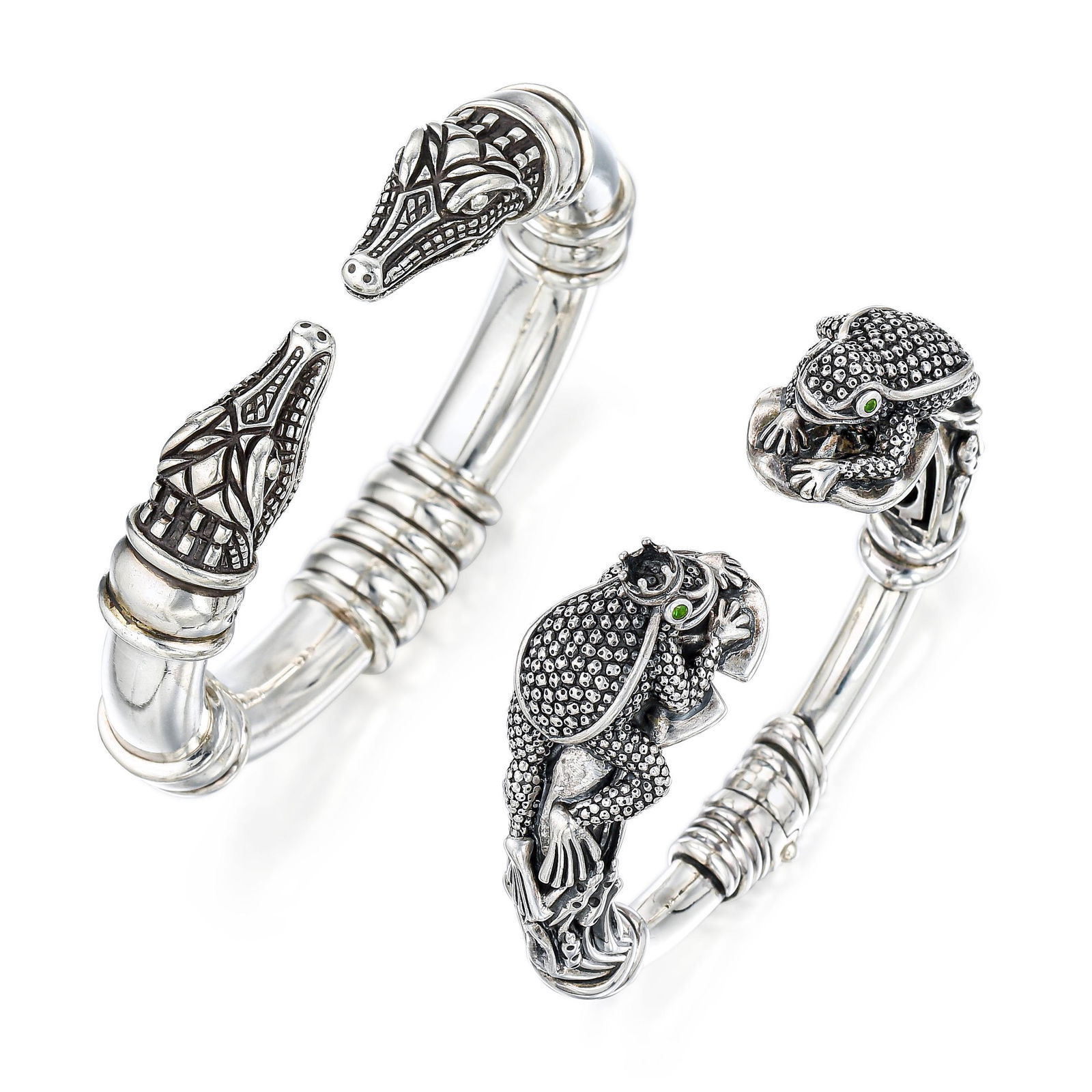 Group of Kieselstein Cord Silver Hinged Cuff Bracelets: METAL: sterling silver GEMSTONE(S): green stones MEASUREMENTS: 6-1/4 inches inner circumference WEIGHT: 137.30 g.Signed: ðB. Kieselstein-Cord, KC Studio; Stamped: Thailand, 2010, 1998, 925, makers ma