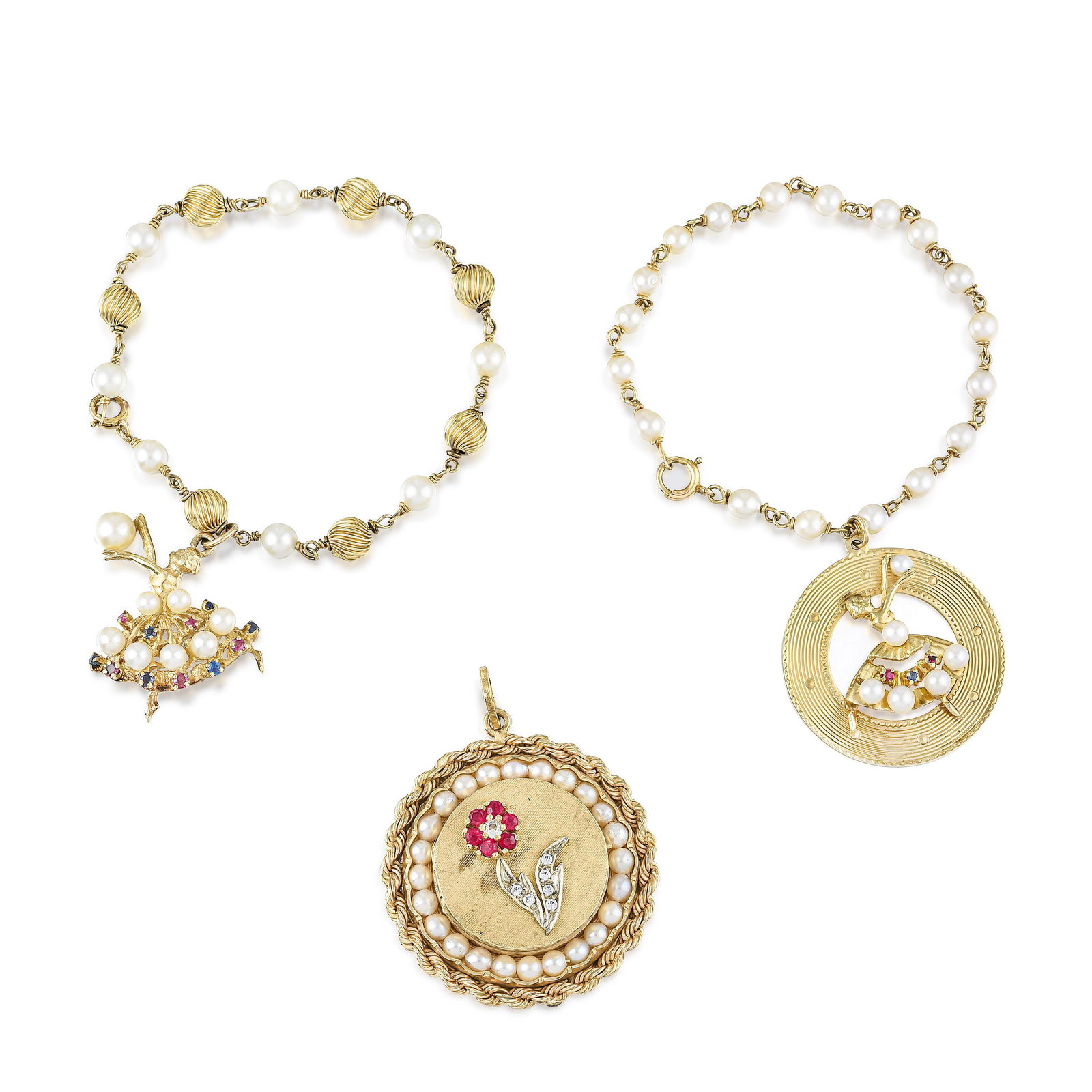 Two Pearl Charm Bracelets and Pearl Flower Pendant: METAL: 14K yellow gold GEMSTONE(S): cultured pearls approx. 3.40 - 5.70 mm in diameter; round faceted rubies, round faceted sapphires; single cut diamonds MEASUREMENTS: bracelet chains 6-3/4 inches an