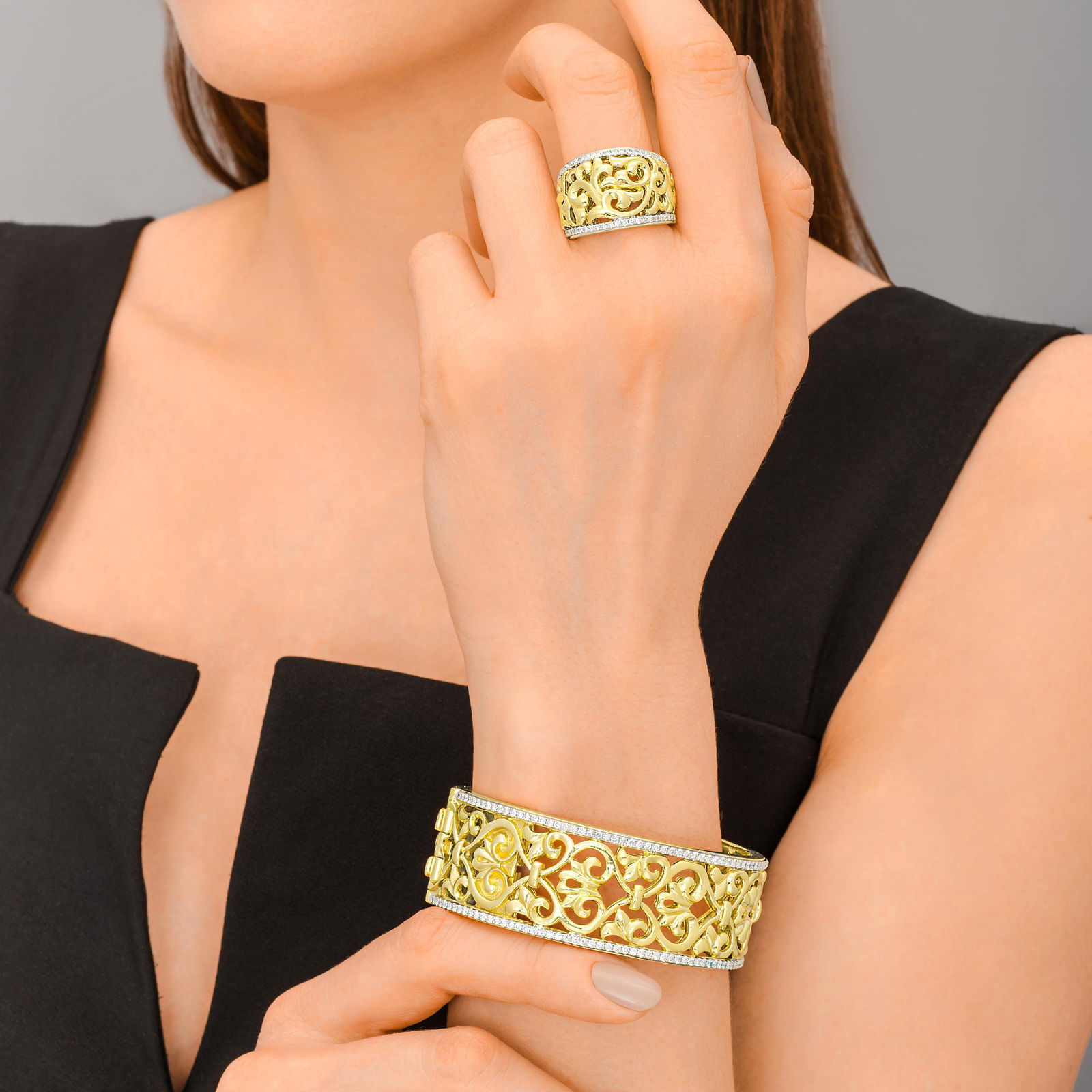 Charles Krypell Diamond Cuff and Ring Set: View a video of this lot: Click HereCrafted in 18K yellow gold; set with round brilliant cut diamonds, weighing a total of approximately 2.25 carats, most with H-I color and SI clarit