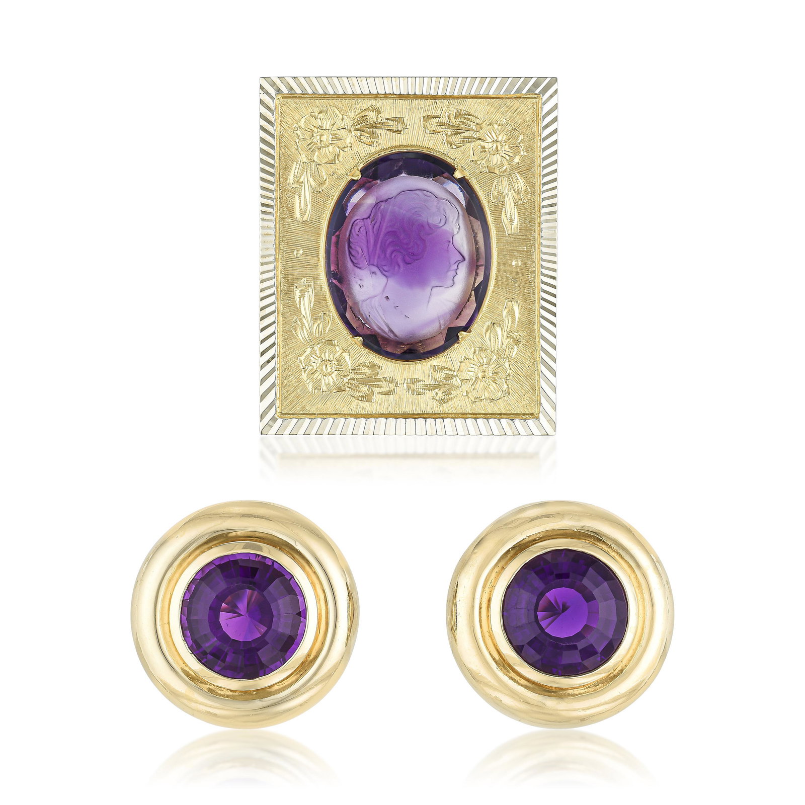 Amethyst Intaglio Brooch Italian and Amethyst Gold Earrings (1 of 4)