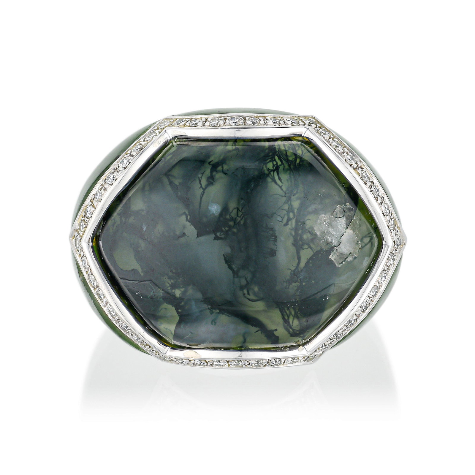 Nephrite Moss Agate and Diamond Carved Ring (1 of 3)
