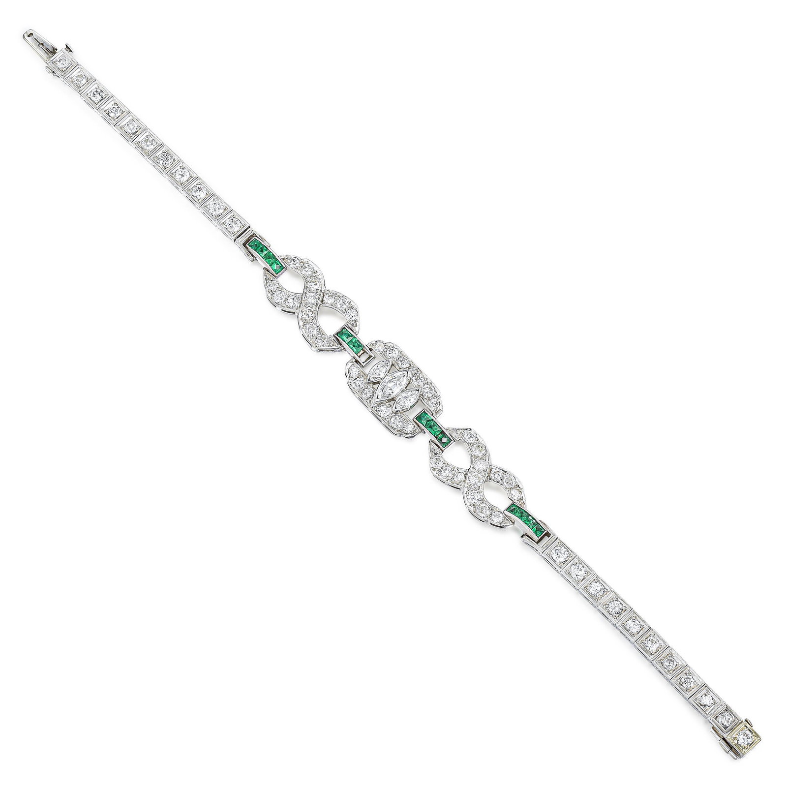Art Deco Diamond and Emerald Bracelet: METAL: platinum GEMSTONE(S): old European and marquise cut diamonds approx. 4.50 carats total, most G-H/VS; rectangular faceted emeralds approx. 0.43 carat MEASUREMENTS: 7 inches WEIGHT: 16.80 g. Stam