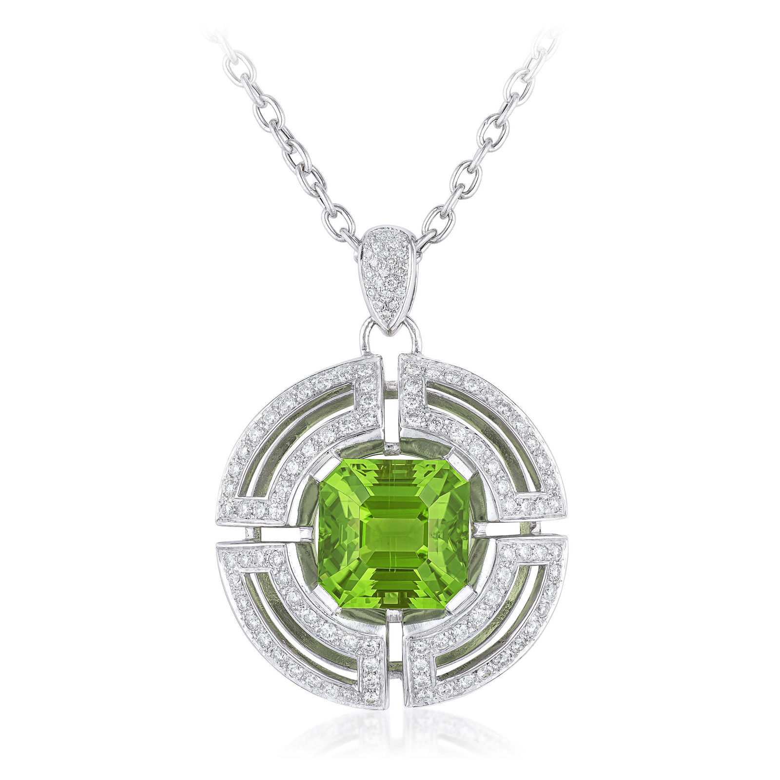 Antonini Peridot and Diamond Necklace: View a video of this lot: Click HereWith a stellar design, this necklace showcases a vibrant peridot, accentuated by carefully selected diamonds, all set in the brilliance of platinum