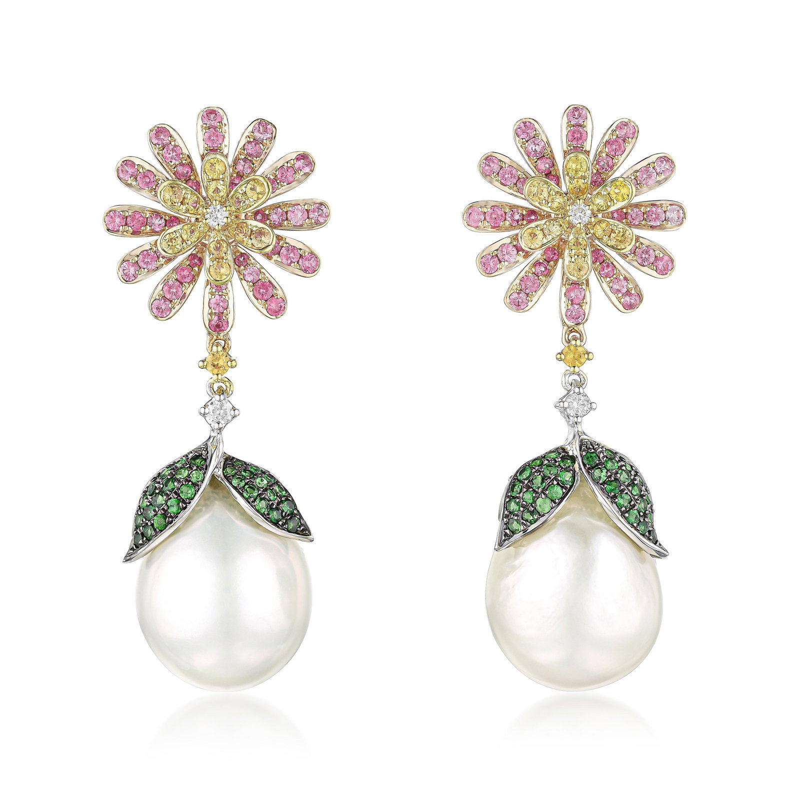Multi-Colored Sapphire and Pearl Earrings: View a video of this lot: Click Here Summary of Key Characteristics • Metal: 18K rose and white gold • Gemstone(s): round brilliant cut diamonds appro
