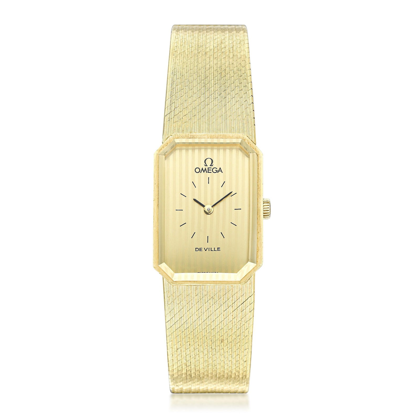 Omega DeVille by Andrew Grima in 18K Gold: Summary of Key CharacteristicsCASE MATERIAL: 18K yellow gold DIAL: Champagne tapestry dial with printed hour markers BRACELET MATERIAL: Integrated mesh bracelet in 18K gold CASE DIMENSIONS: 20 mm wide