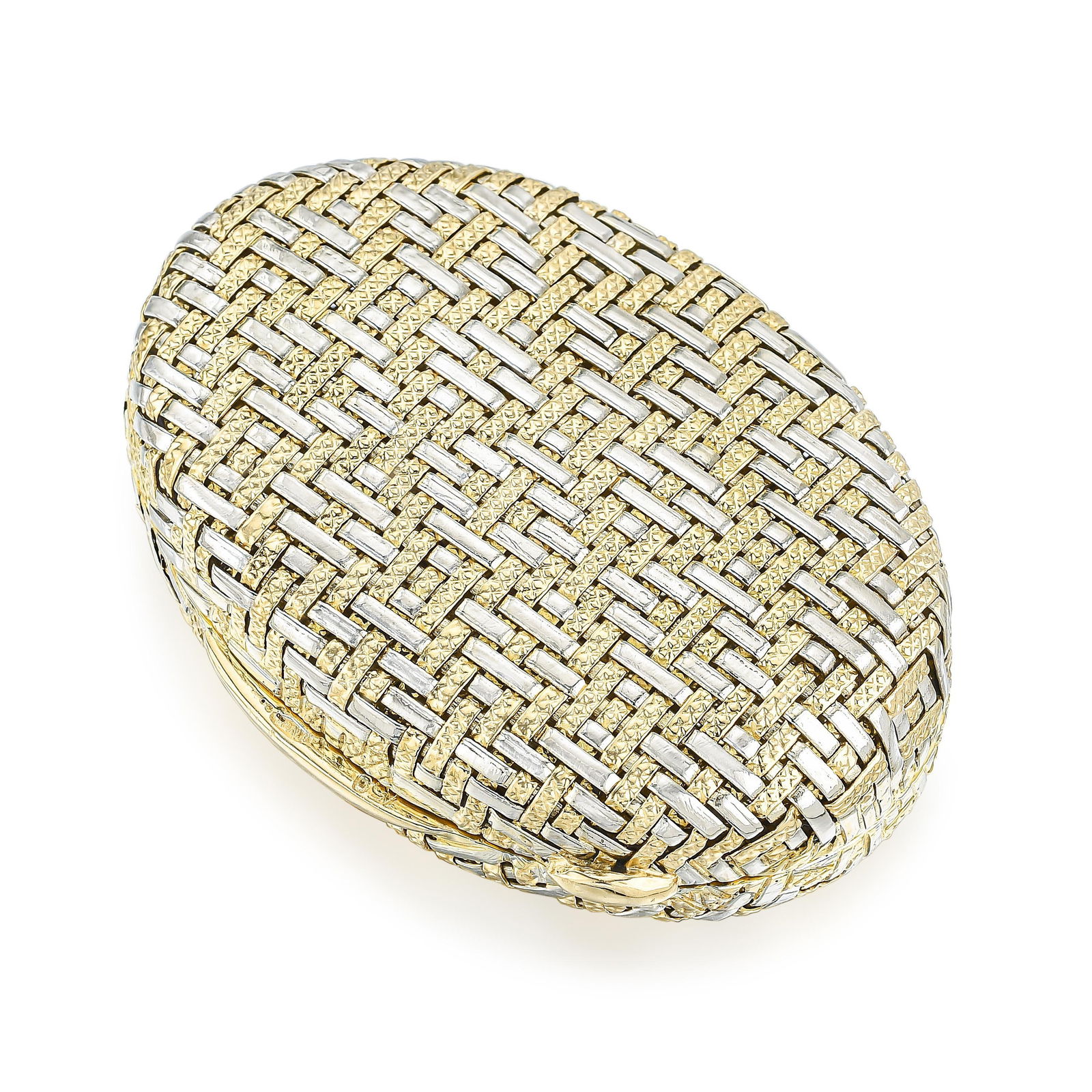 Vintage Pill Box: Summary of Key Characteristics • Metal: 18K yellow and white gold • Measurements: 1-3/8 x 1-7/8 inches • Weight: 31.20 g. • Condition: In good condition. Scratches on met